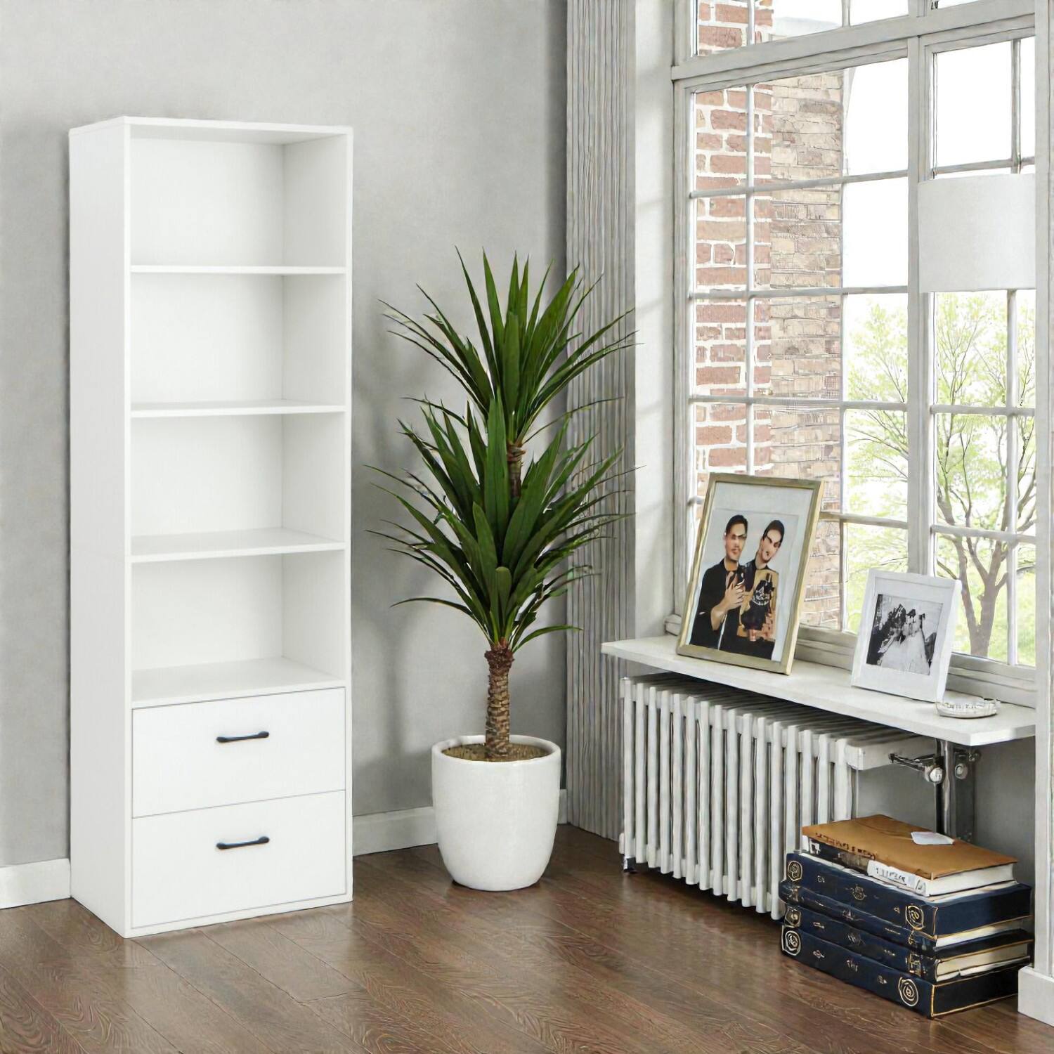 Front. Hivvago - 6-Layer Freestanding Storage Bookshelf with Open Shelves and Drawers - White.