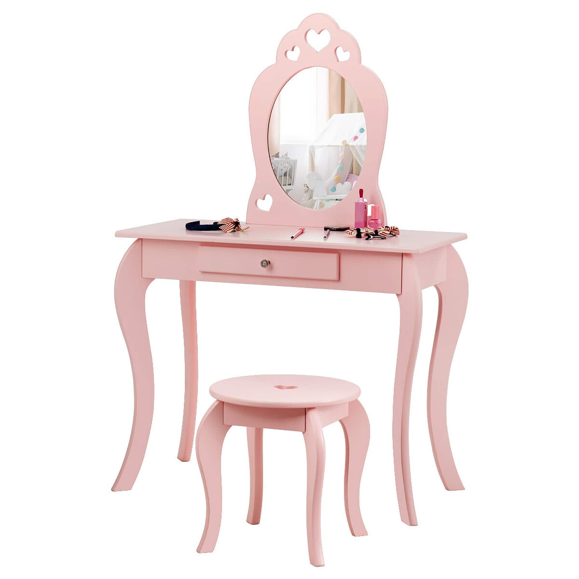 Costway - Kids Vanity Set Princess Makeup Dressing Play Table Set W/Mirror - Pink