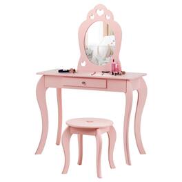 Costway - Kids Vanity Set Princess Makeup Dressing Play Table Set W/Mirror - Pink