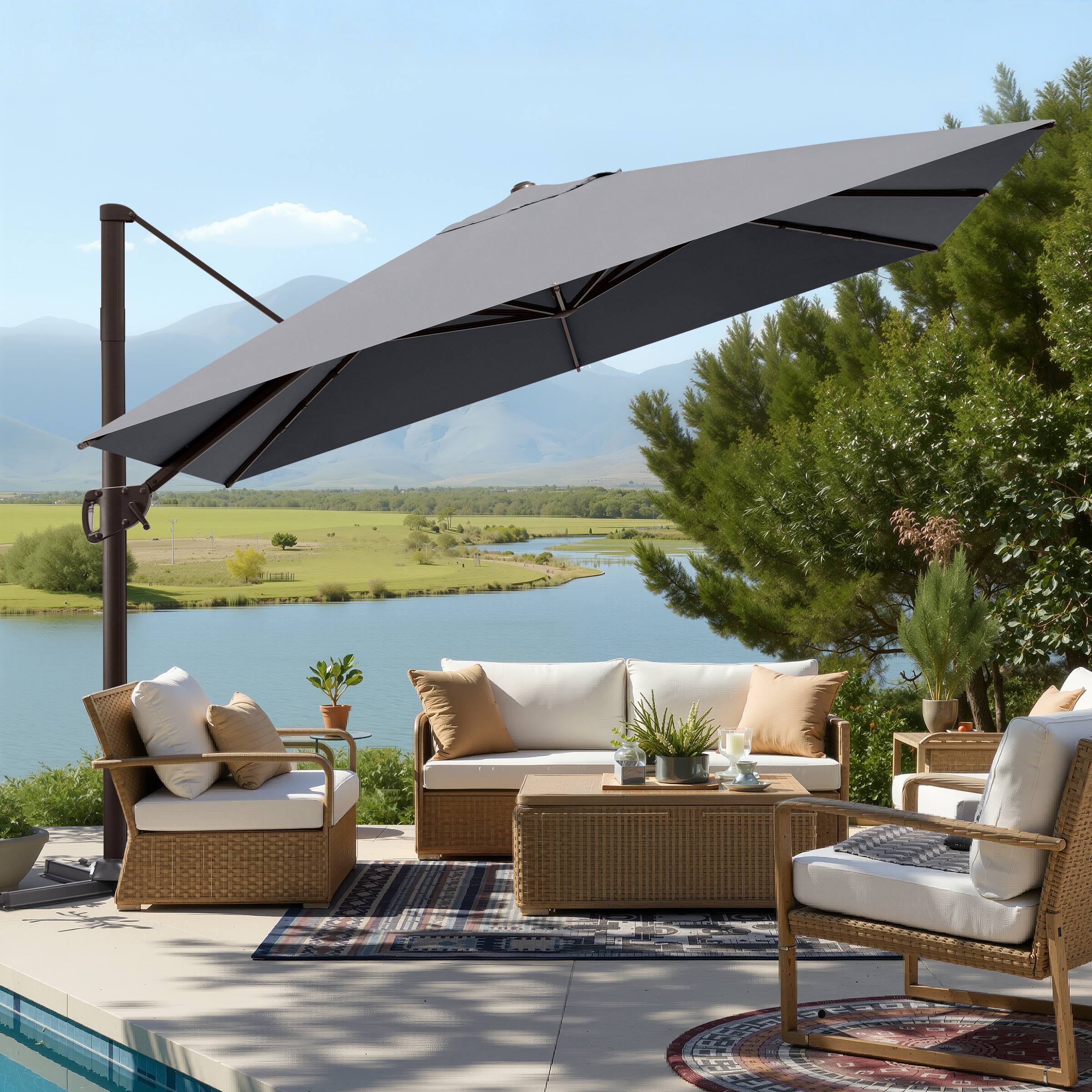 Alt View 5. Crestlive Products - Crestlive Products 9x11ft Aluminum Crank Cantilever Patio Umbrella with Base - Dark gray.