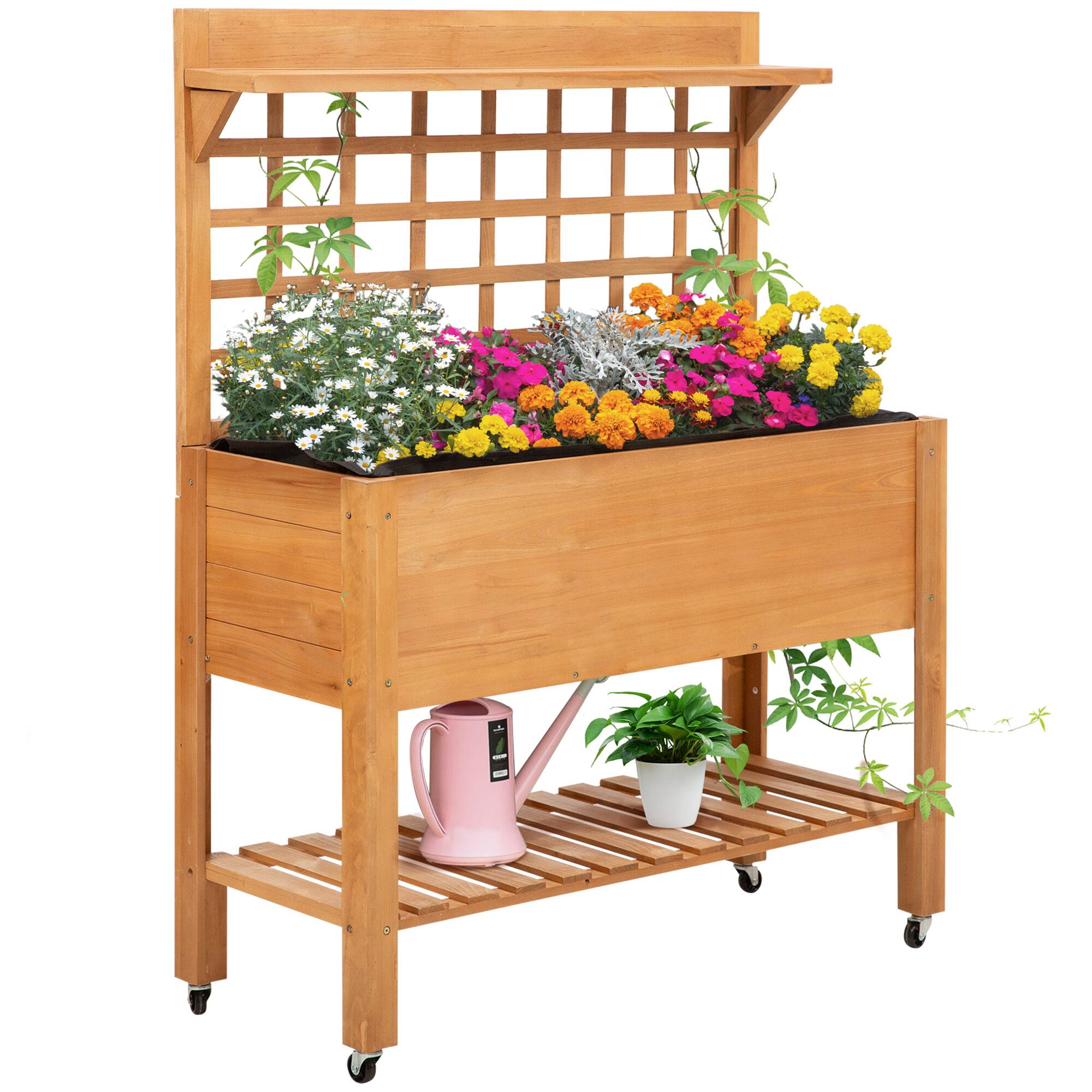 Outsunny - 41" Raised Garden Bed with Trellis on Wheels, Wooden Elevated Planter Box with Legs and Bed Liner - Brown