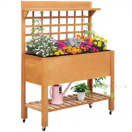 Outsunny - 41" Raised Garden Bed with Trellis on Wheels, Wooden Elevated Planter Box with Legs and Bed Liner - Brown