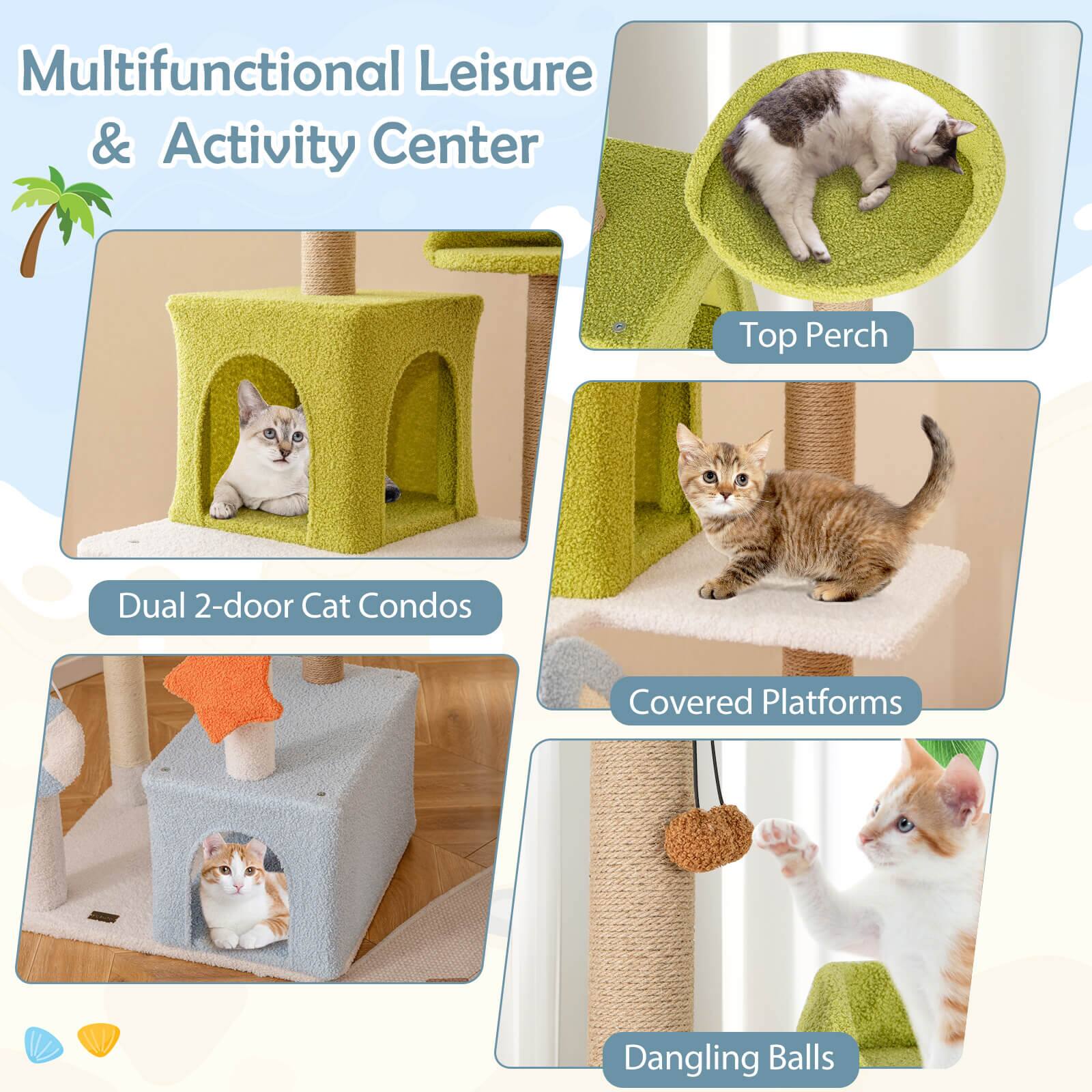 Multifunctional Leisure & Activity Center

- Dual 2-door Cat Condos
- Top Perch
- Covered Platforms
- Dangling Balls