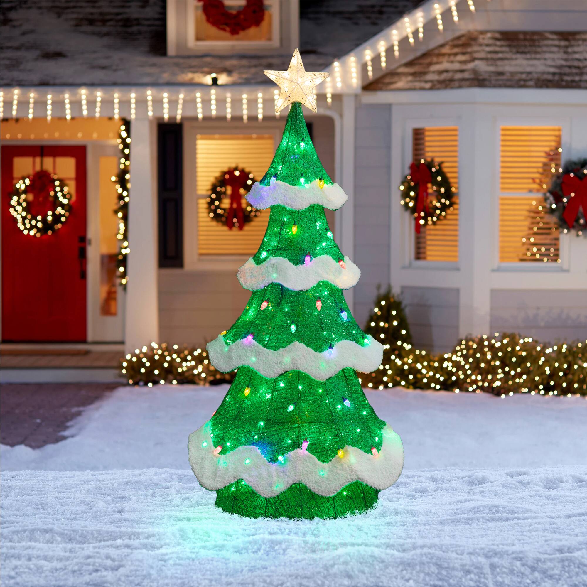 Alt View 4. Glitzhome - 74.50"H Lighted 3D Mesh Christmas Tree with 261 LED Lights (KD) - Green.
