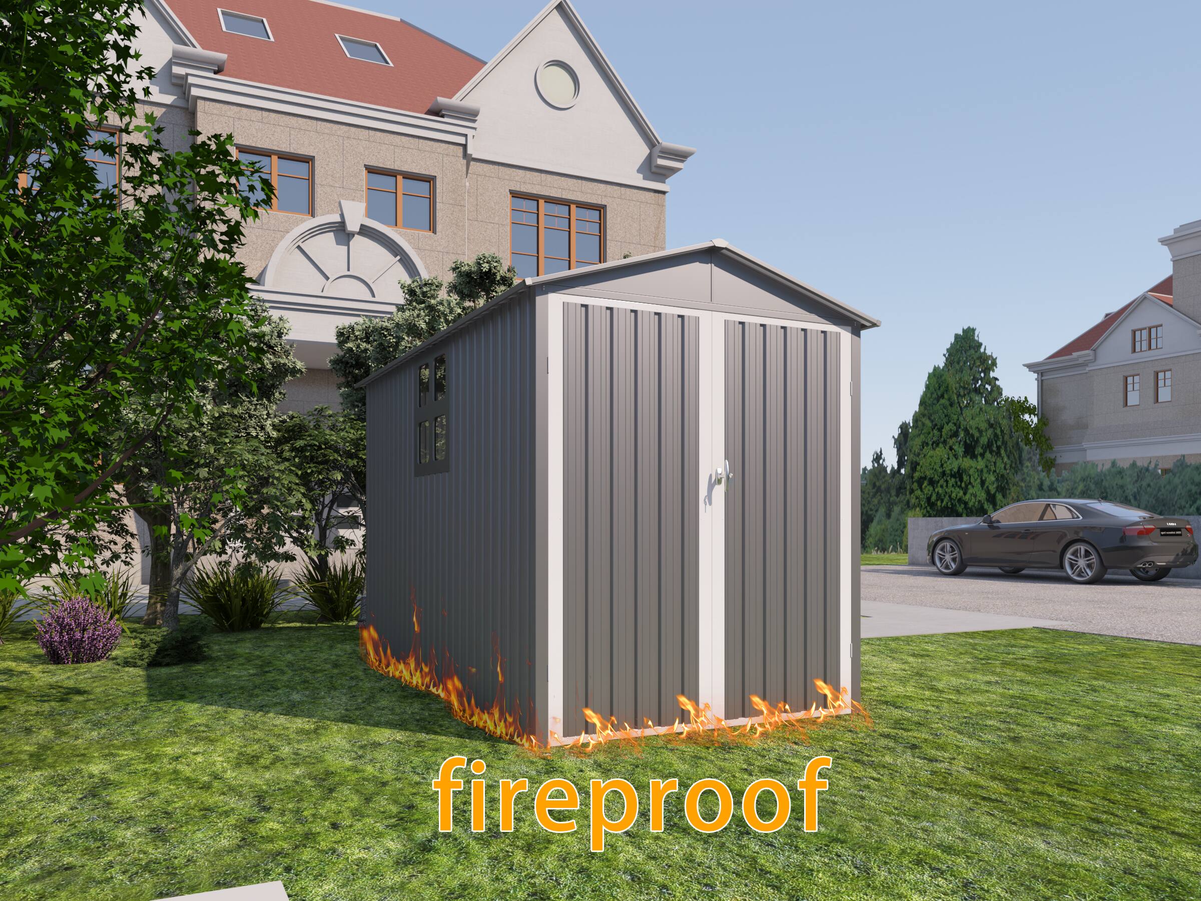 Back. Anysun - Motorcycle Outdoor Storage Shed with Window, 121" Wide, No Tracks/Fixtures, Easy Assembly - Grey+White.