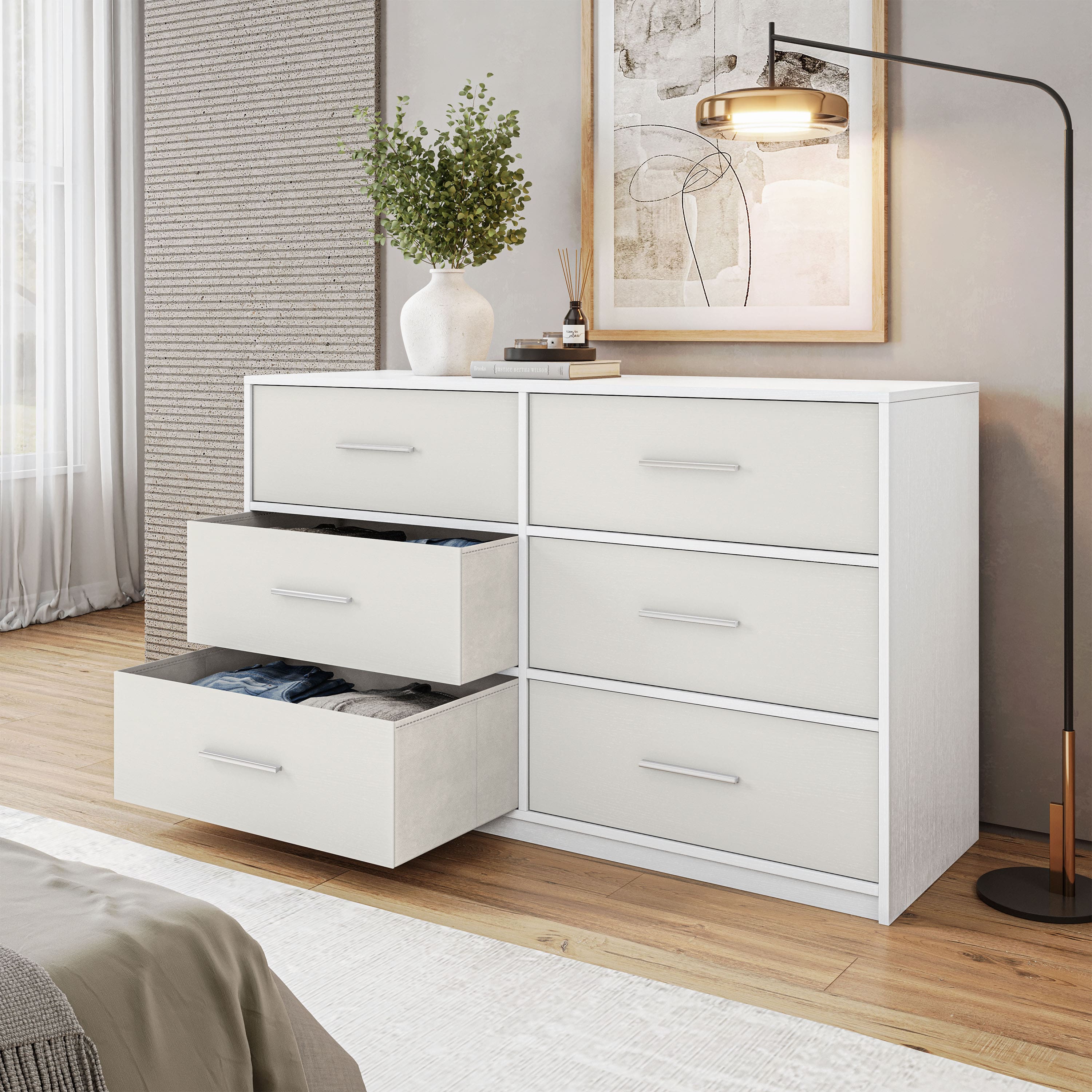 Forest'nSky - Wood 6 drawer 44.5 in. Wide Chest of Drawers with Large Fabric Drawers for Living Room - White