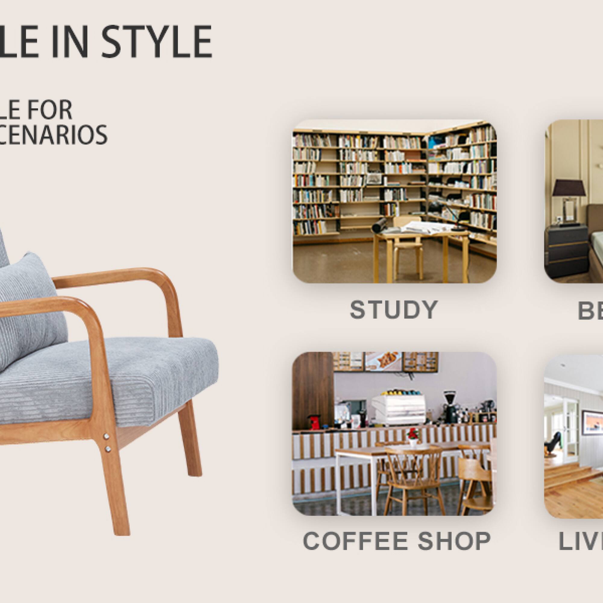 Sure, here is the corrected and grouped text from the image:

---

**LE IN STYLE**

**LE FOR SCENARIOS**

- STUDY
- COFFEE SHOP
- LIV

---

(Note: "LIV" might be part of a larger word or phrase that is not fully visible in the image.)