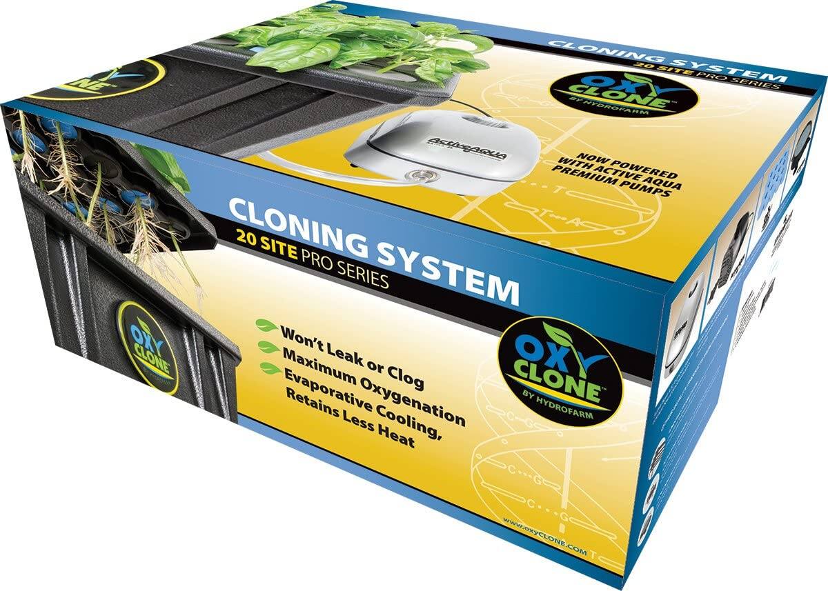 CLONING SYSTEM  
20 SITE PRO SERIES  

OXY CLONE  
BY HYDROFARM  

NOW WITH POWERED PREMIUM ACTIVE AQUA PUMPS  

Won't Leak or Clog  
Maximum Oxygenation  
Evaporative Cooling, Retains Less Heat  

www.oxyclone.com