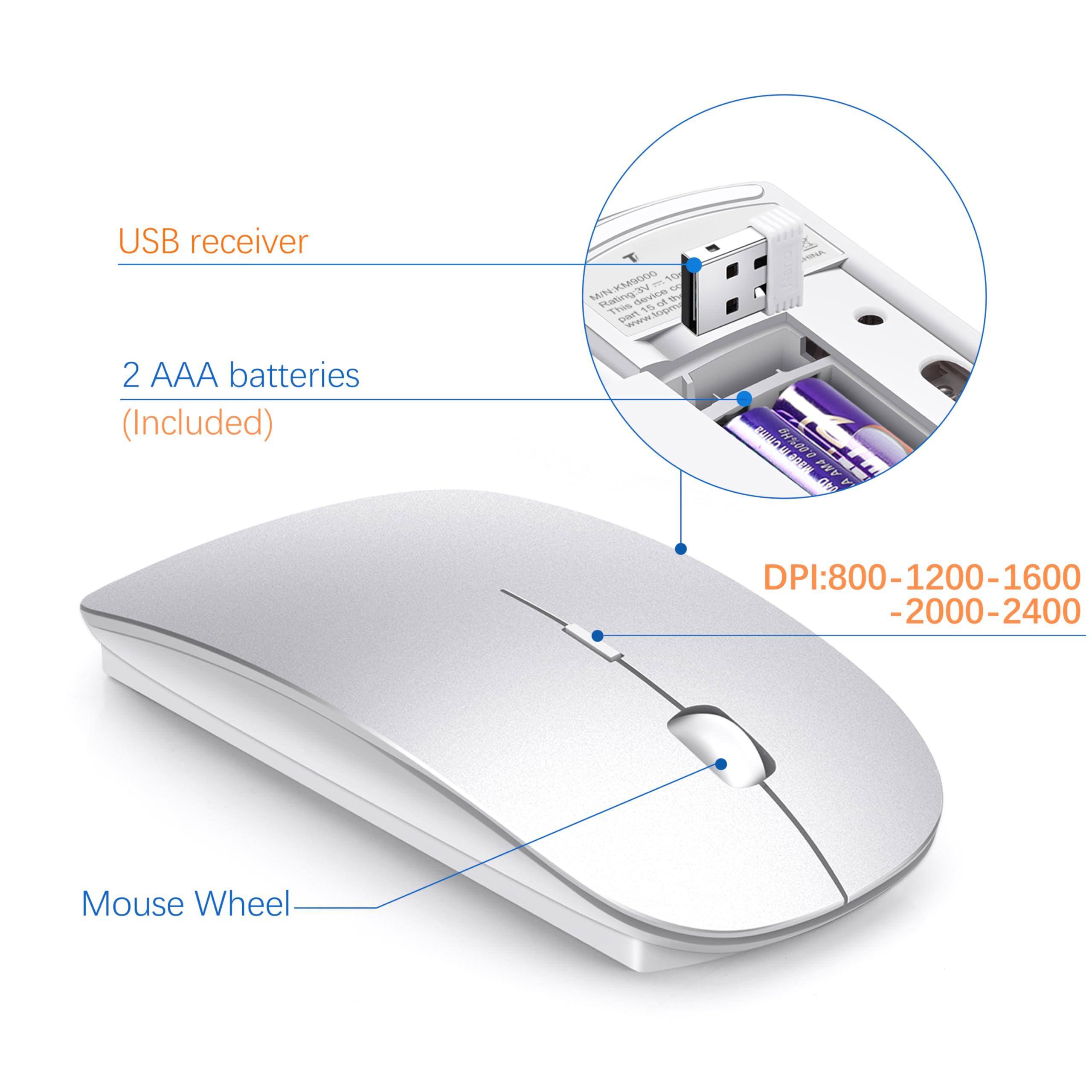 USB receiver  
2 AAA batteries (Included)  
DPI: 800-1200-1600-2000-2400  
Mouse Wheel