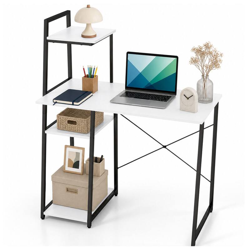 Alt View 3. WELLFOR - 39.5" Computer Desk with Shelves and 3-Tier Storage Bookshelf, Laptop PC Work Table Writing Desk for Small Spaces - White.