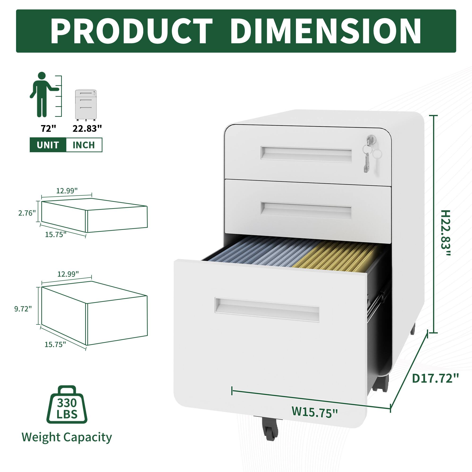 PRODUCT DIMENSION

UNIT INCH

72" 22.83"

12.99" 2.76" 15.75"

12.99" 9.72" 15.75"

H22.83" D17.72" W15.75"

Weight Capacity 330 LBS