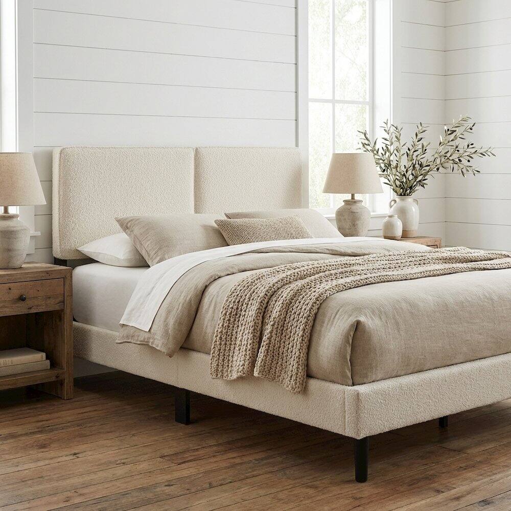 Angle. FurniFact - Boucle Fabric Queen Headboard in Neutral Tone, Plush Upholstery, Sturdy Frame - Beige.
