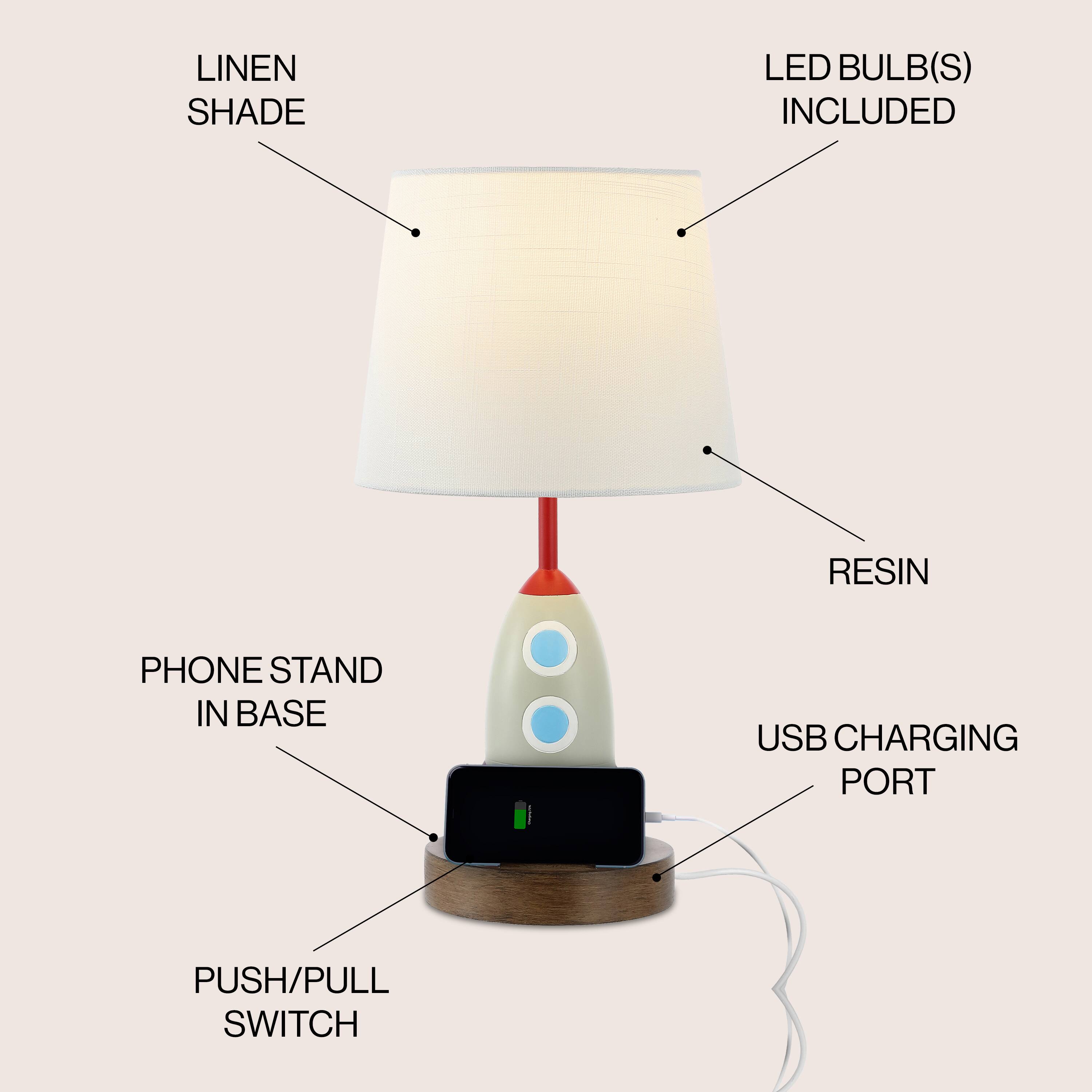 LINEN SHADE LED BULB(S) INCLUDED RESIN PHONE STAND IN BASE USB CHARGING PORT PUSH/PULL SWITCH