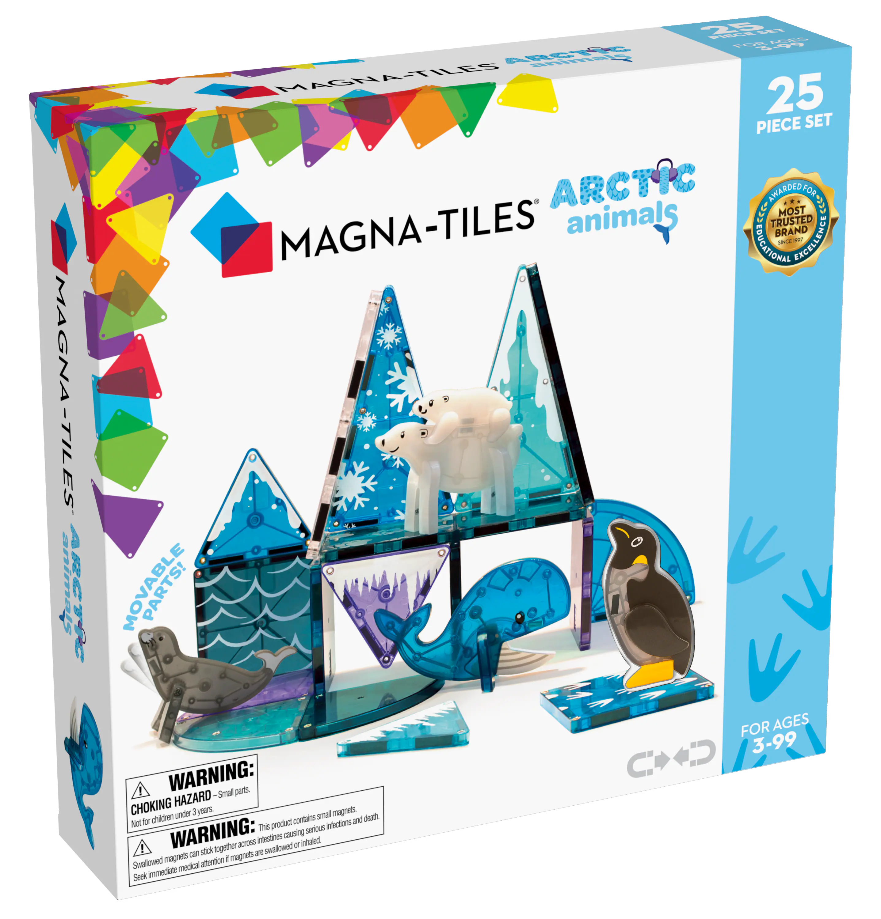 MAGNA-TILES  
ARCTIC animals  
25 PIECE SET  

MAGNA-TILES  
ARCTIC animals  
TRUSTED BRAND OF EXCELLENCE  
EDUCATIONAL PARTS!  
FOR AGES 3-99  

WARNING:  
CHOKING HAZARD - Small parts. Not for children under 3 years.  

WARNING:  
Swallowed magnets can stick together inside the body causing serious infections and death. Seek immediate medical attention if magnets are swallowed or inhaled.  

MOVABLE PARTS!  

25 PIECE SET  

FOR AGES 3-99  

MOST TRUSTED BRAND OF NATIONAL EXCELLENCE