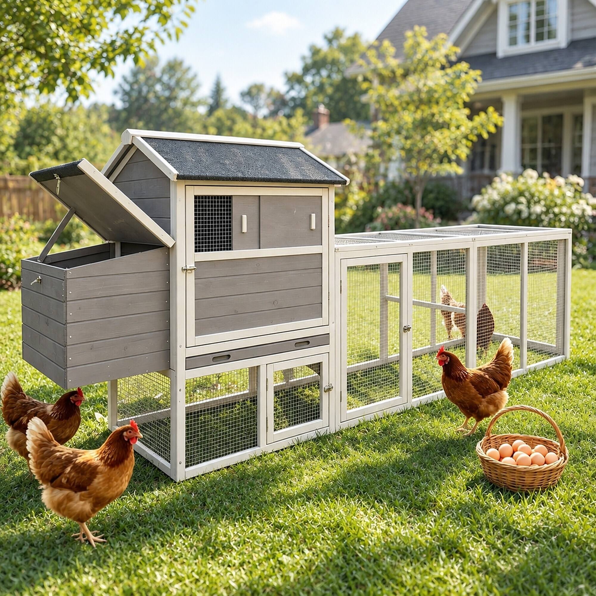 Left. RYHNUYNE - Gray Wooden Chicken Coop, Large Outdoor Hen House, Waterproof Anti-UV Roof, Sliding Door, Nesting Box.