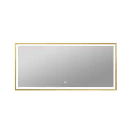 Front. WELLFOR - 60 in. W x 28 in. H Rectangular Single Aluminum Framed Antifog Dimmable Wall Bathroom Vanity Mirror - Gold.