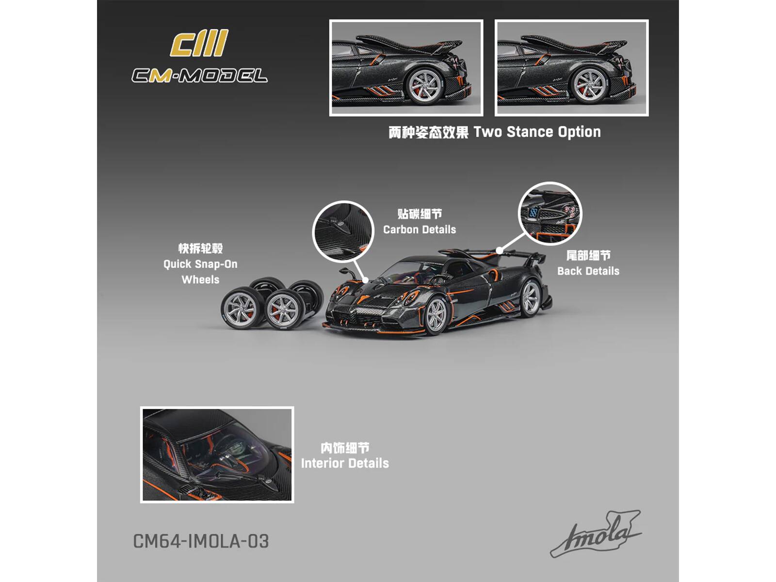 CIII  
CM-MODEL  

Two Stance Option  
Quick Snap-On Wheels  
Carbon Details  
Back Details  
Interior Details  

CM64-IMOLA-03  
Imola