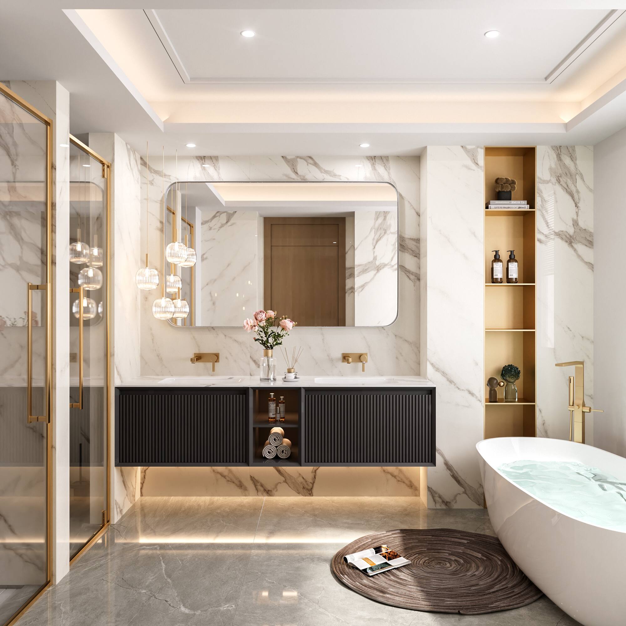 Alt View 11. LOVMOR - Tempered Glass Rounded Rectangle Framed Wall-Mounted Bathroom Vanity Mirror - 48" x 30" - Silver.