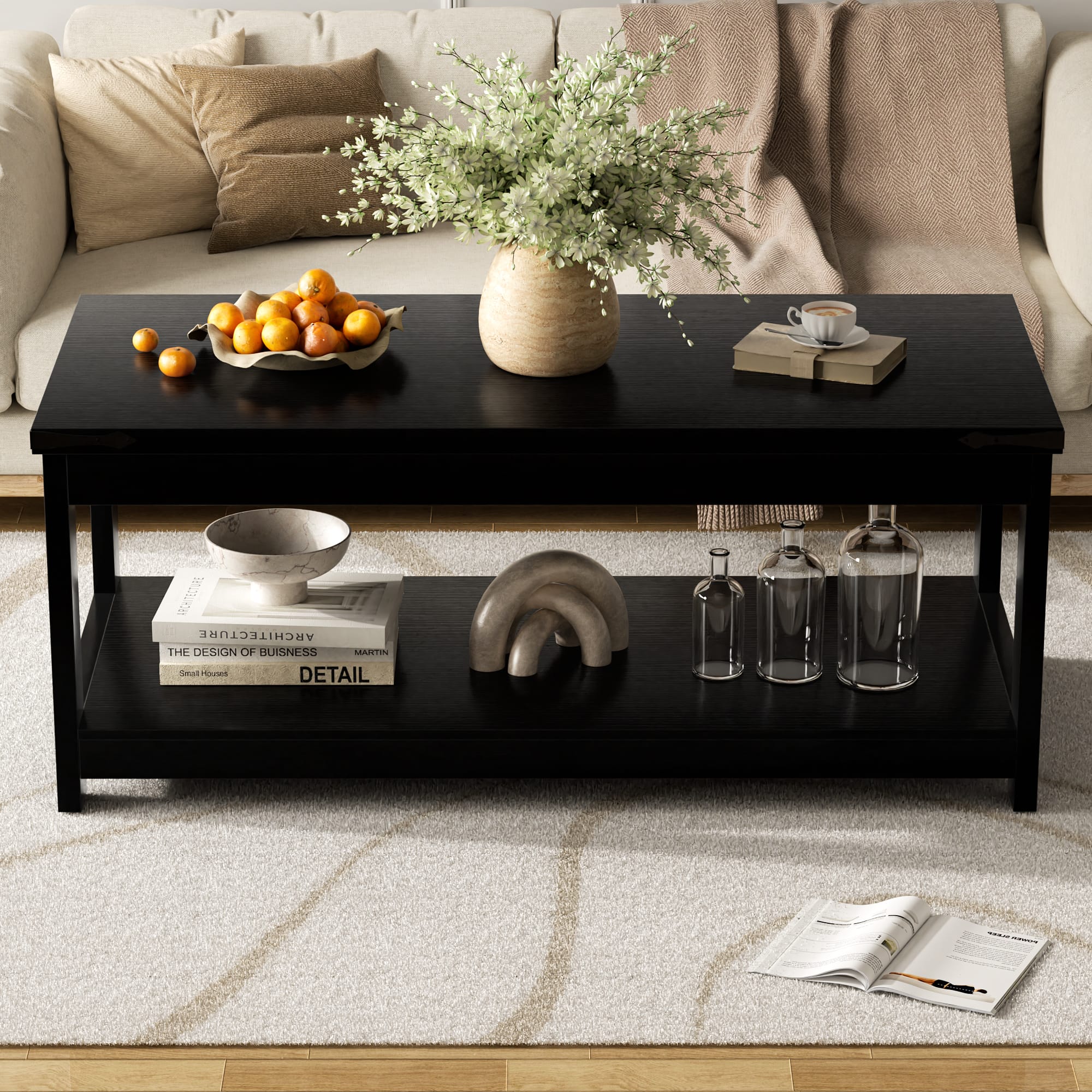 Aheaplus - 43.3" Wood Farmhouse Coffee Table with Storage Shelf, Modern Living Room Centerpiece - Black