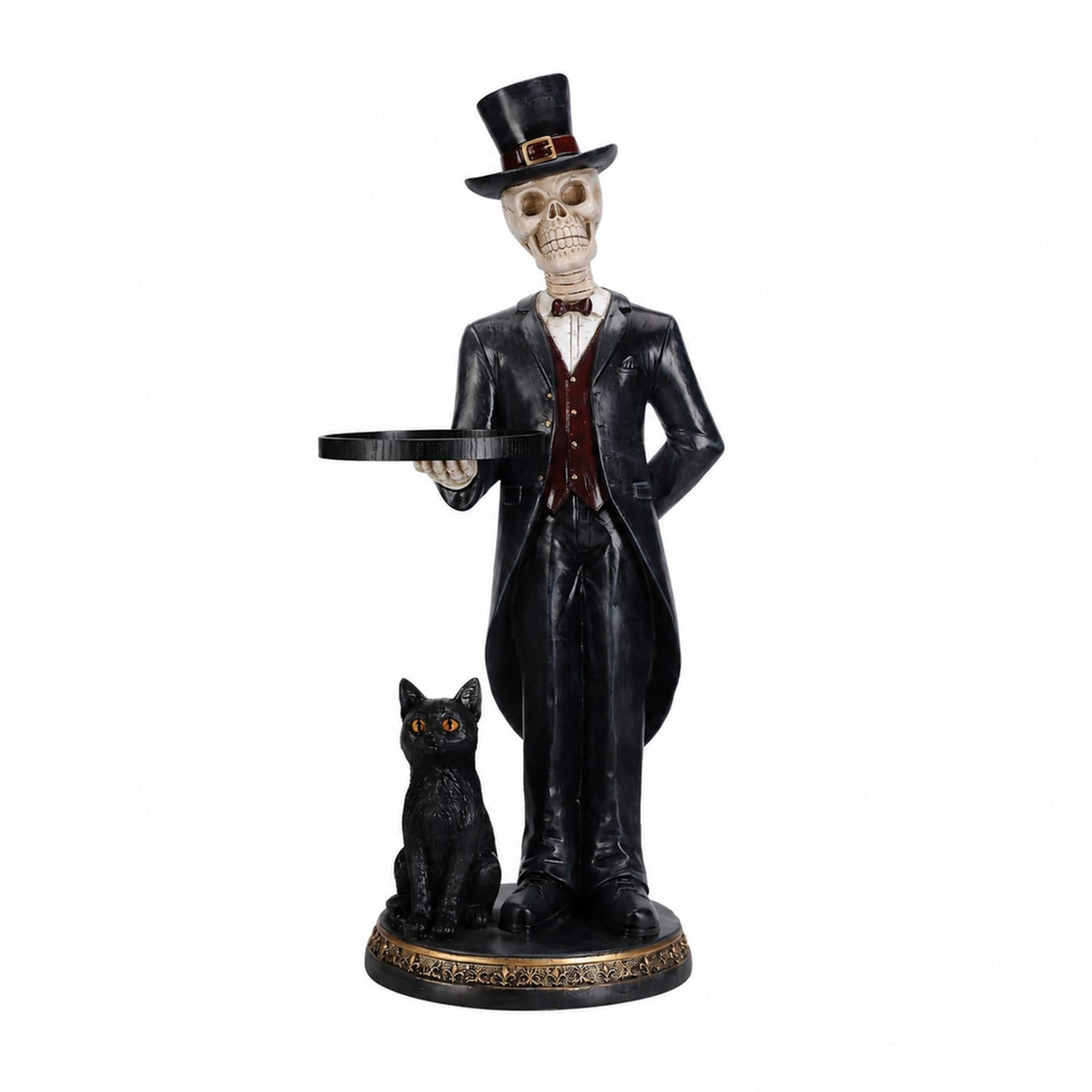 Front. RYHNUYNE - Halloween Skeleton Butler Floor Statue with Serving Tray and Black Cat for Gothic Home Entryway Decor - Black.