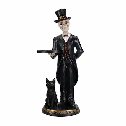 Front. RYHNUYNE - Halloween Skeleton Butler Floor Statue with Serving Tray and Black Cat for Gothic Home Entryway Decor - Black.