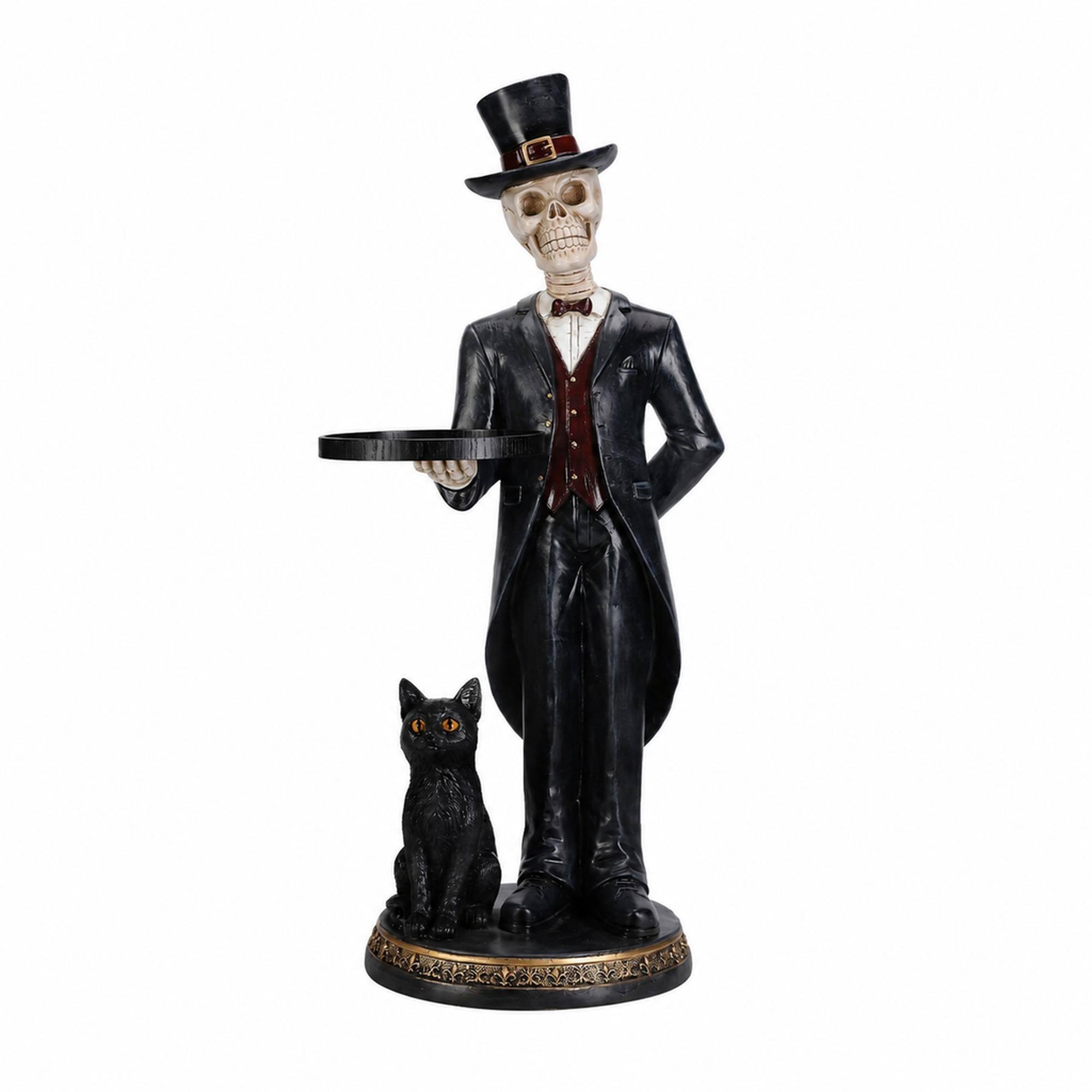 Front. RYHNUYNE - Halloween Skeleton Butler Floor Statue with Serving Tray and Black Cat for Gothic Home Entryway Decor - Black.