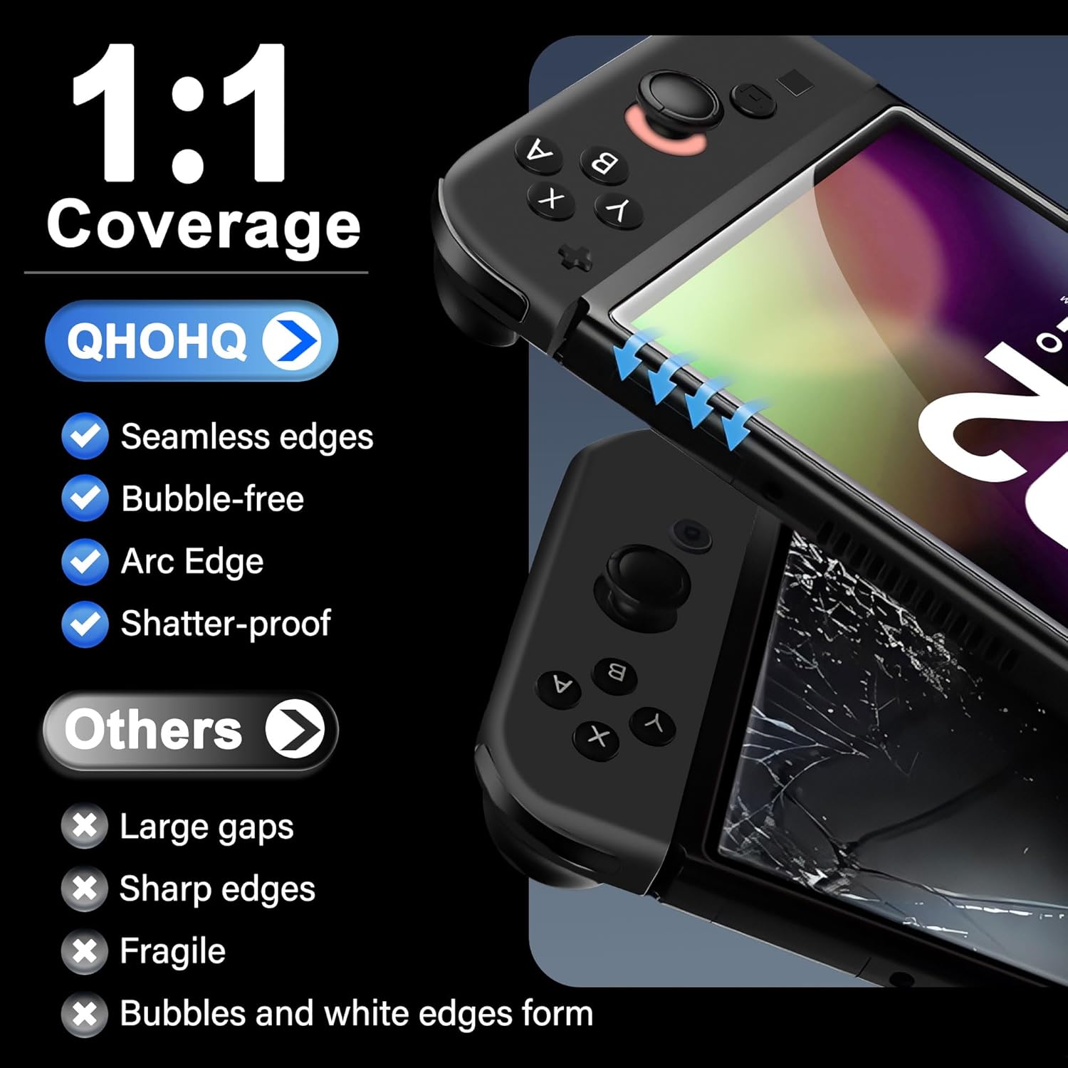 1:1 Coverage

QHOHQ
- Seamless edges
- Bubble-free
- Arc Edge
- Shatter-proof

Others
- Large gaps
- Sharp edges
- Fragile
- Bubbles and white edges form