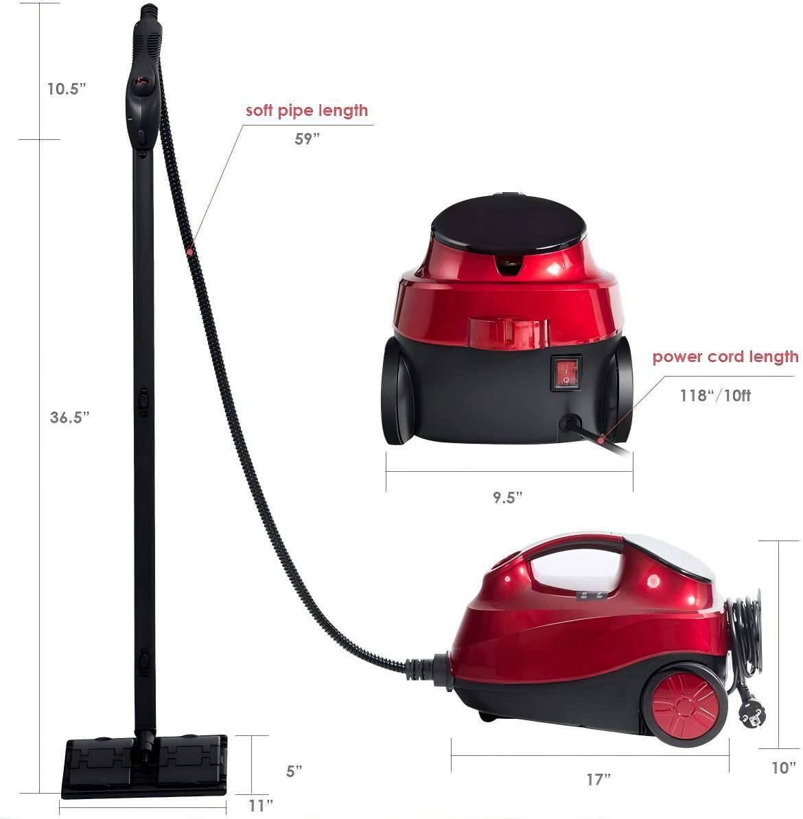 - Soft pipe length: 59"
- Power cord length: 118" / 10ft
- Height of the vacuum: 36.5"
- Width of the vacuum: 9.5"
- Depth of the vacuum: 17"
- Height of the handle: 10.5"
- Width of the base: 11"
- Depth of the base: 5"
