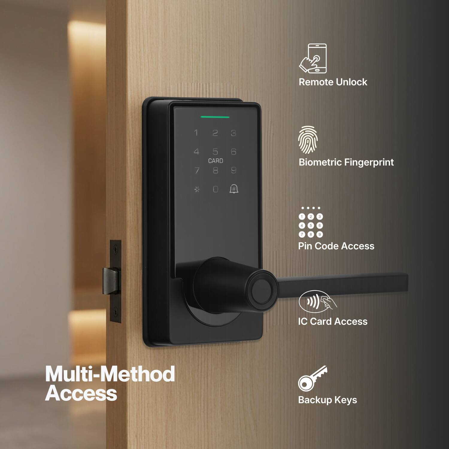 Remote Unlock  
Biometric Fingerprint  
Pin Code Access  
IC Card Access  
Backup Keys  
Multi-Method Access