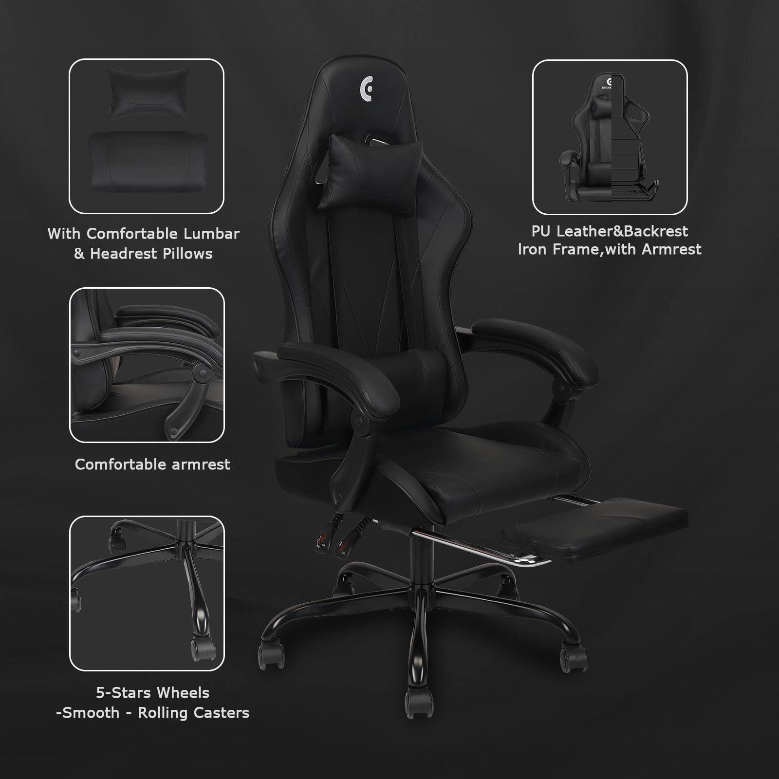 - With Comfortable Lumbar & Headrest Pillows
- PU Leather & Backrest Iron Frame, with Armrest
- Comfortable armrest
- 5-Stars Wheels - Smooth Rolling Casters