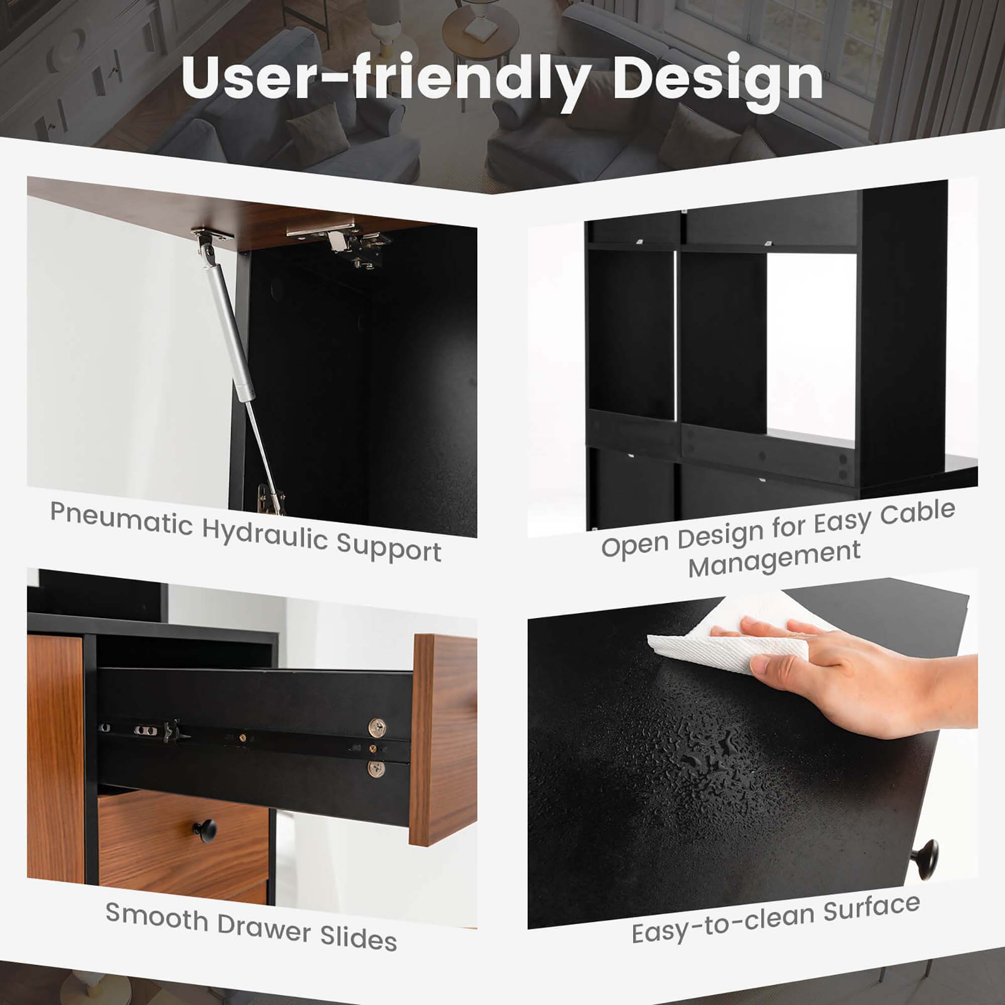 User-friendly Design, Pneumatic Hydraulic Support, Smooth Drawer Slides, Open Design for Easy Cable Management, Easy-to-clean Surface