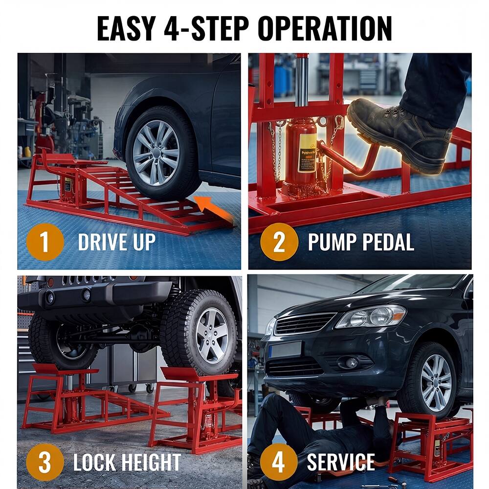 EASY 4-STEP OPERATION

1. DRIVE UP
2. PUMP PEDAL
3. LOCK HEIGHT
4. SERVICE