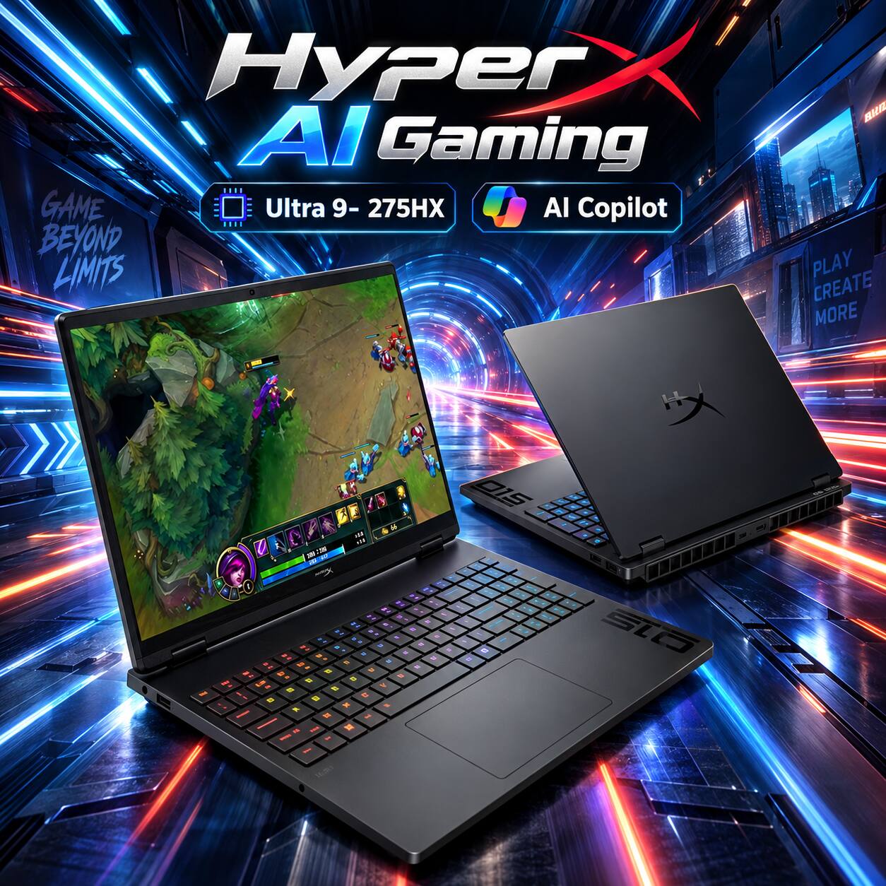 Hyper AI Gaming  
GAME BEYOND LIMITS  
Ultra 9 - 275HX  
AI Copilot  
PLAY CREATE MORE