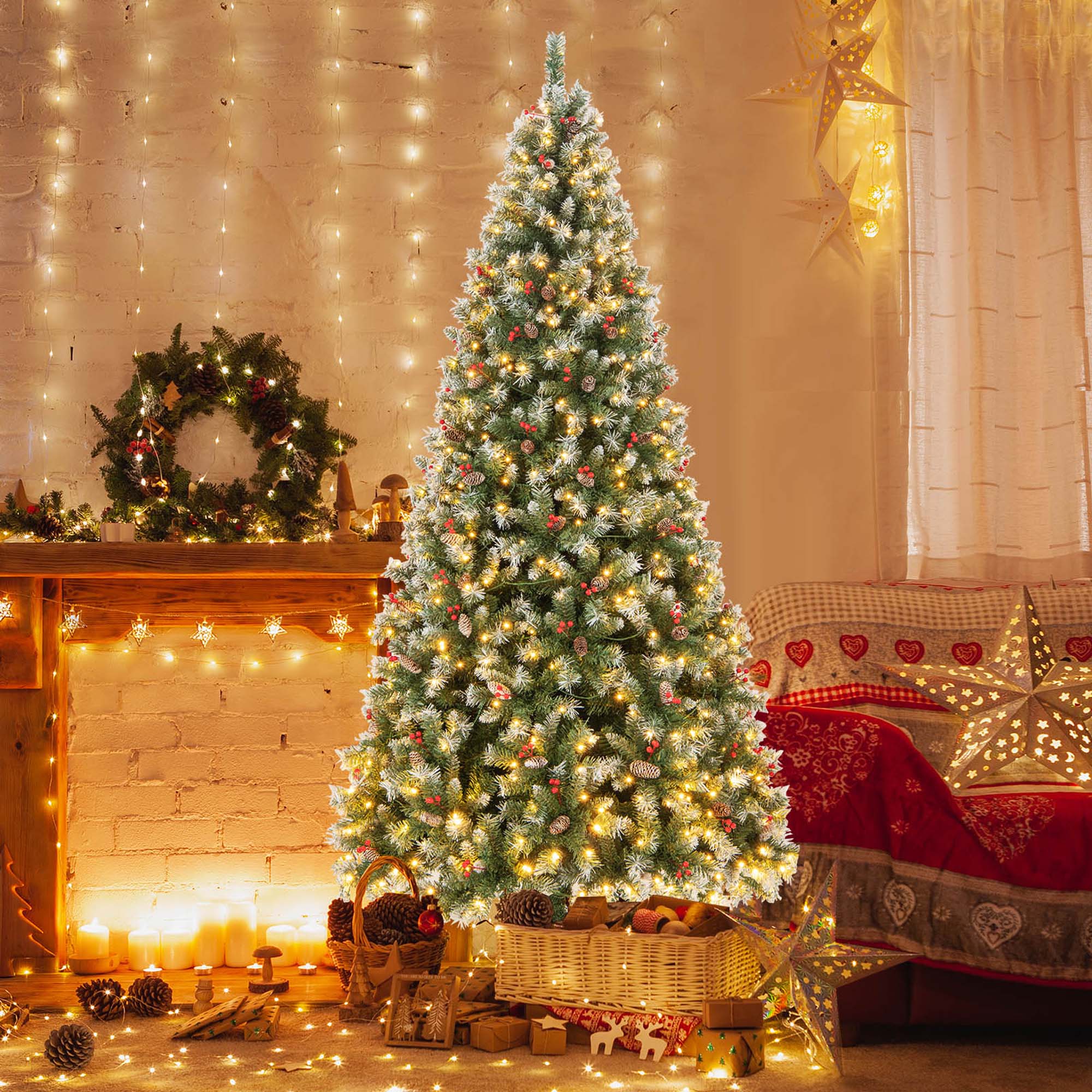 Alt View 11. Costway - 9 FT Artificial Christmas Tree Hinged with 650 Warm LED Lights & 309 Red Berries - Green/White.