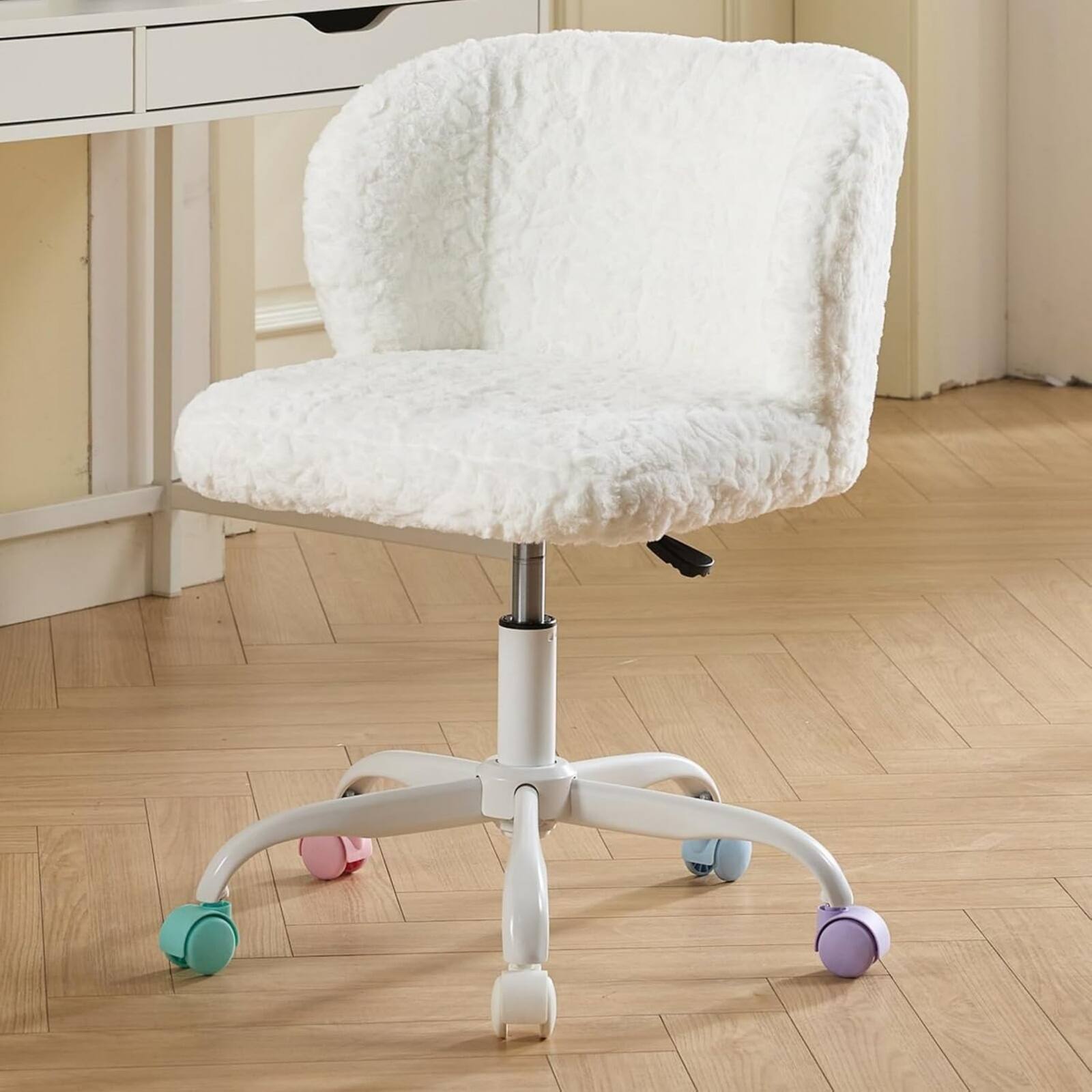Angle. Halitaa - Cute Desk Chair -  Faux Fur Office Chair with 360° Swivel Wheels & Adjustable Height,Sturdy 250lbs for Bedroom,Office - White.