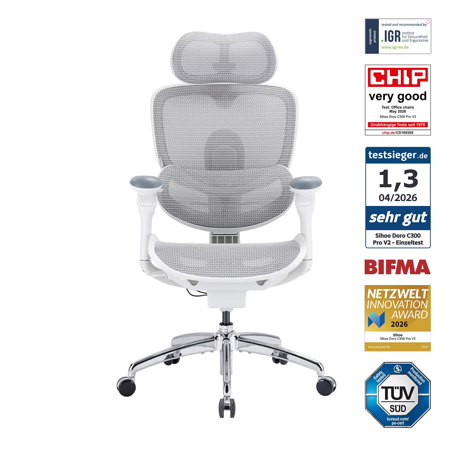 SIHOO - Doro C300 Pro V2 Ergonomic Gaming Chair, 8D Synchronized Arm Support, 3D Super Wide Soft Headrest - White