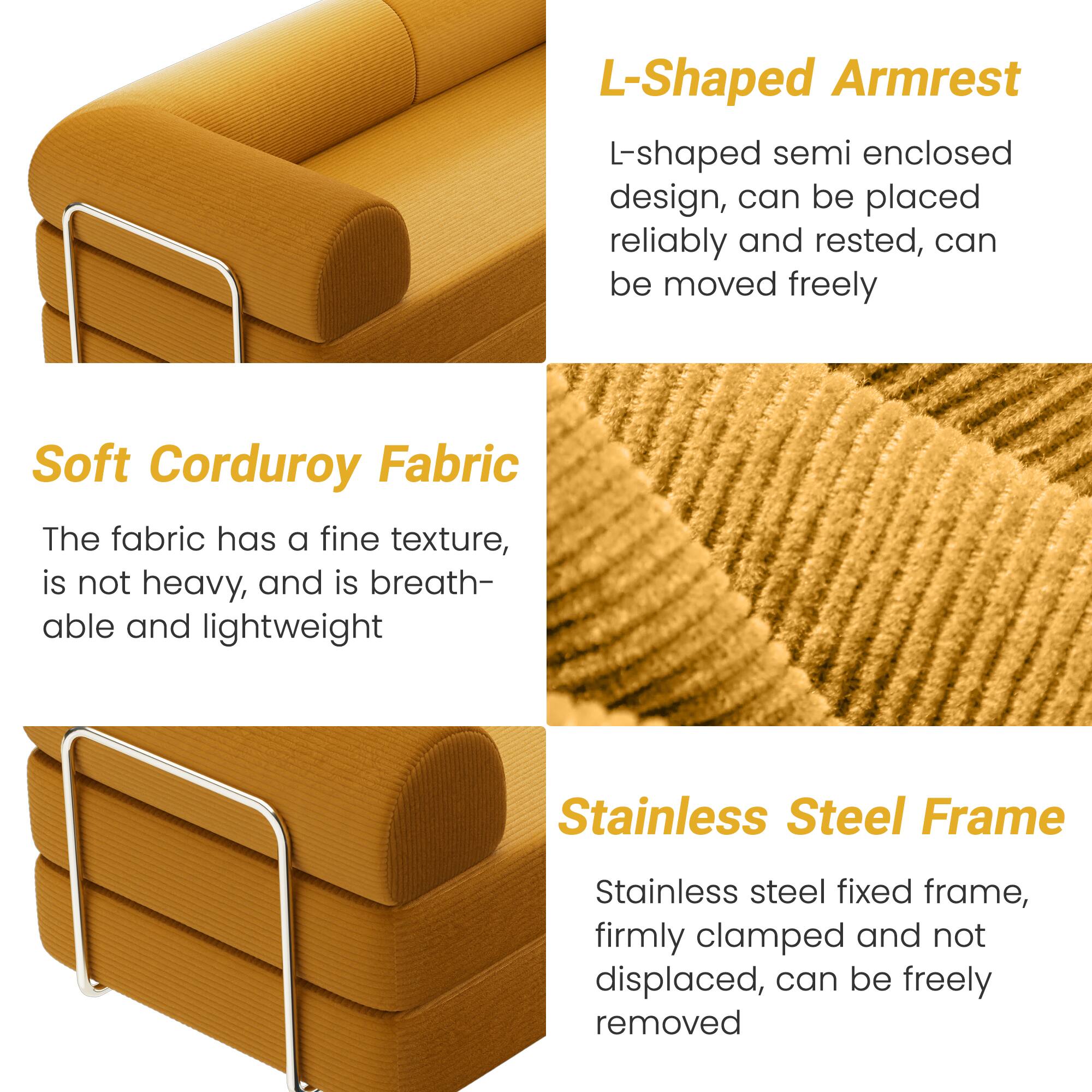 L-Shaped Armrest  
L-shaped semi enclosed design, can be placed reliably and rested, can be moved freely  

Soft Corduroy Fabric  
The fabric has a fine texture, is not heavy, and is breathable and lightweight  

Stainless Steel Frame  
Stainless steel fixed frame, firmly clamped and not displaced, can be freely removed