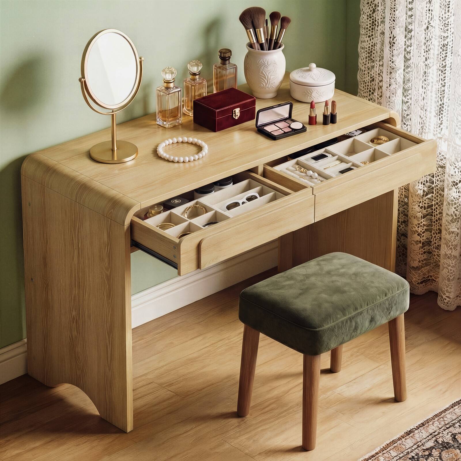 Alt View 2. Bestier - 47 Inch Modern Writing Desk with Arched Fluted & 2 Large Storage Drawers - Natual Oak.