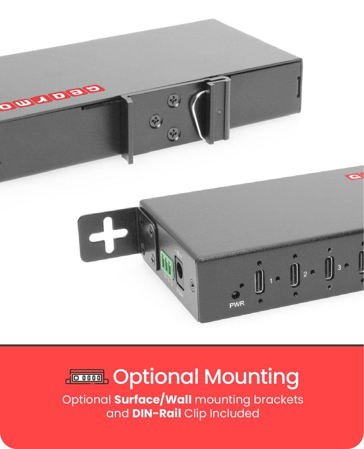 e G deumo A D O W G + I Fis 0 PWR 1 2 3 0000 Optional Mounting Optional Surface/Wall mounting brackets and DIN-Rail Clip Included