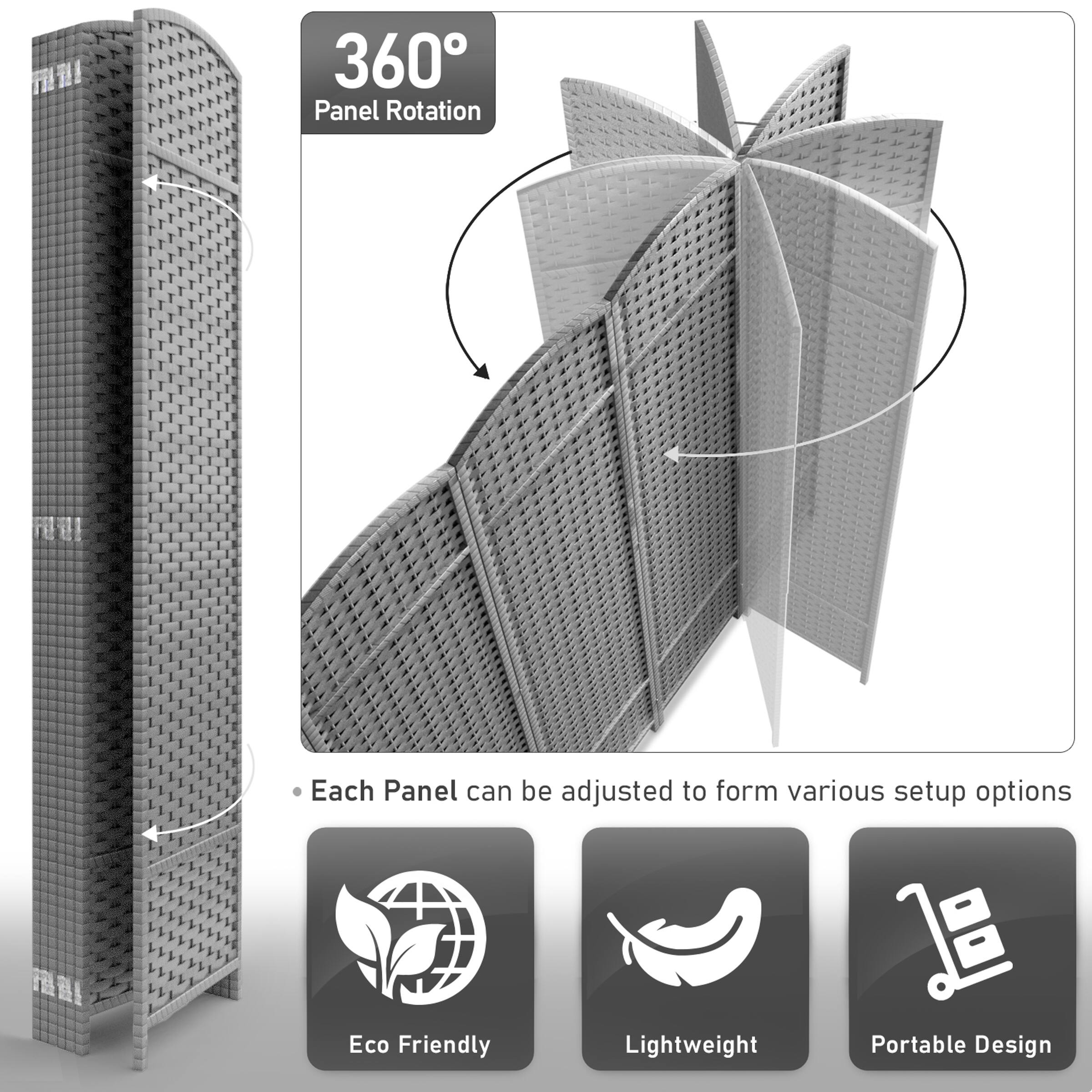 360° Panel Rotation  
Each Panel can be adjusted to form various setup options  
Eco Friendly  
Lightweight  
Portable Design