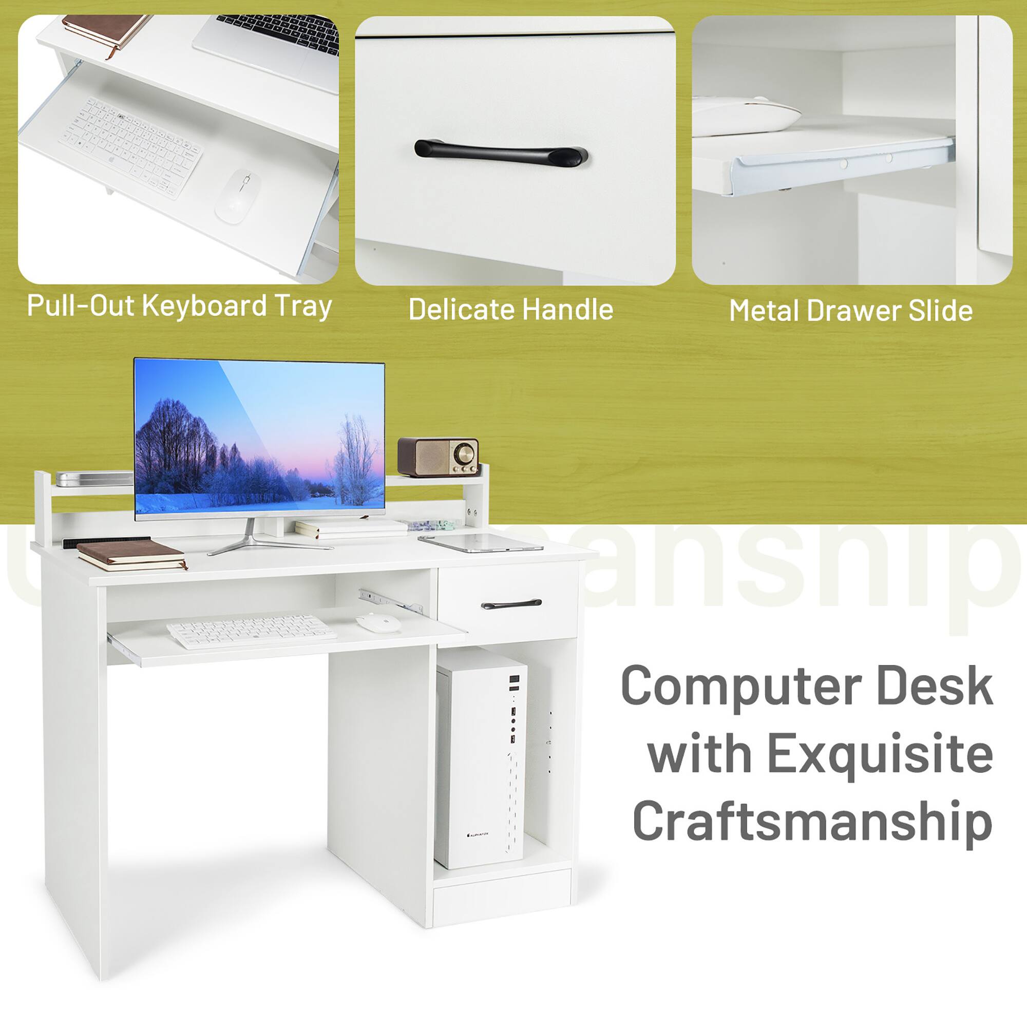 Pull-Out Keyboard Tray, Delicate Handle, Metal Drawer Slide, Computer Desk with Exquisite Craftsmanship