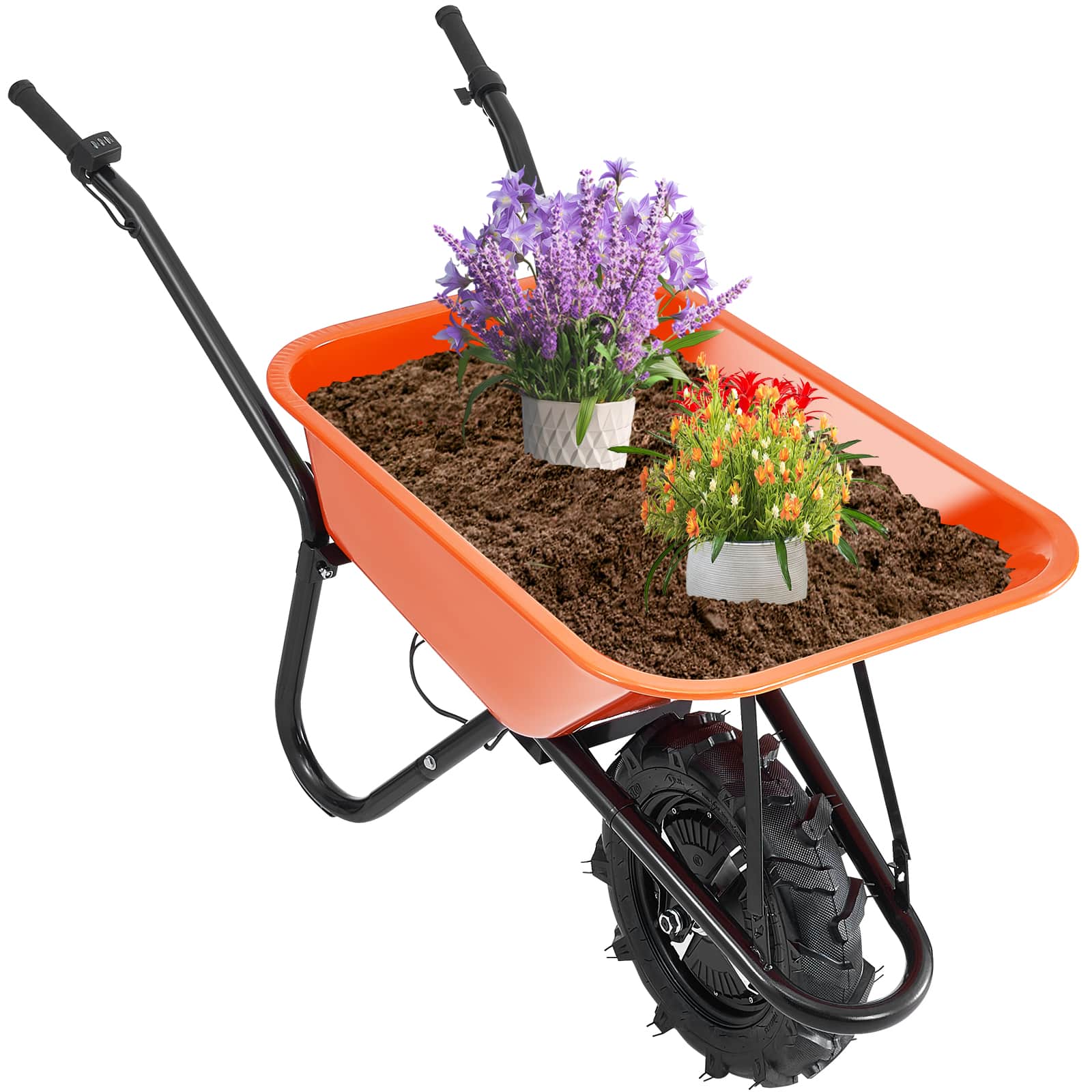 VEVOR - Electric Wheelbarrow Cart, 500W Powered Utility Garden Wagon Dump Cart, 5 Cu. Ft. Load & 330 lbs Capacity - Orange + Black