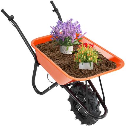 Front. VEVOR - Electric Wheelbarrow Cart, 500W Powered Utility Garden Wagon Dump Cart, 5 Cu. Ft. Load & 330 lbs Capacity - Orange + Black.