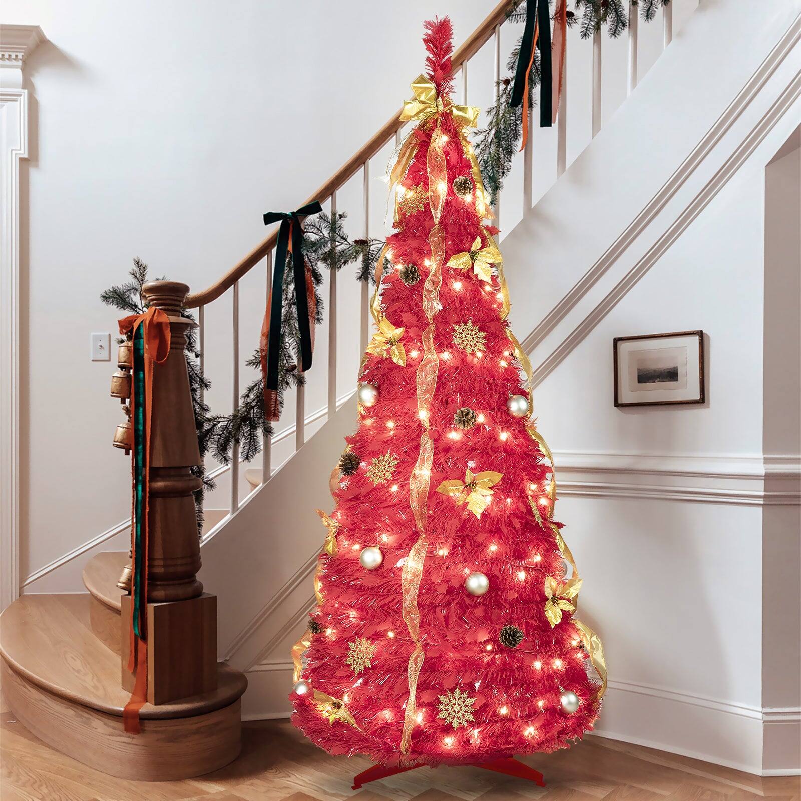 Alt View 1. Boyel Living - 6 ft. Red Pop Up Christmas Tree Pre Lit with 150 Warm White LED Lights - Red.