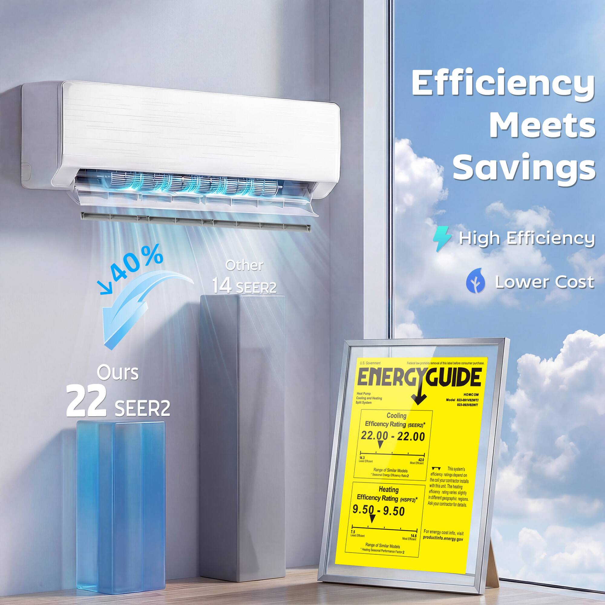 40% Other 14 SEER2 Efficiency Meets Savings High Efficiency Lower Cost Ours 22 SEER2

ENERGY GUIDE

Cooling Efficiency Rating SEER 22.00 - 22.00

Heating Efficiency Rating 9.50 - 9.50

Efficiency Meets Savings
High Efficiency
Lower Cost