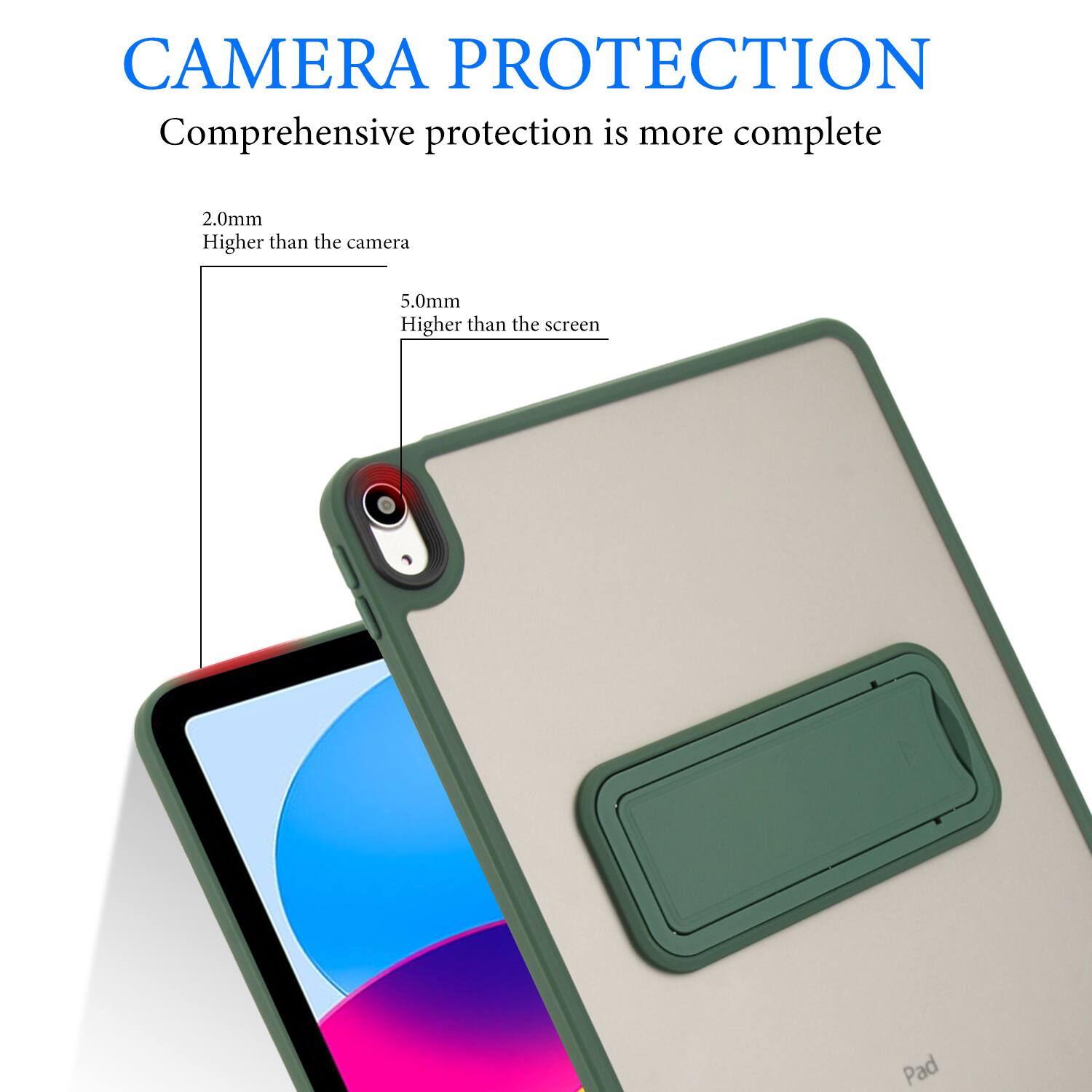 CAMERA PROTECTION  
Comprehensive protection is more complete  

2.0mm  
Higher than the camera  

5.0mm  
Higher than the screen  

Pad