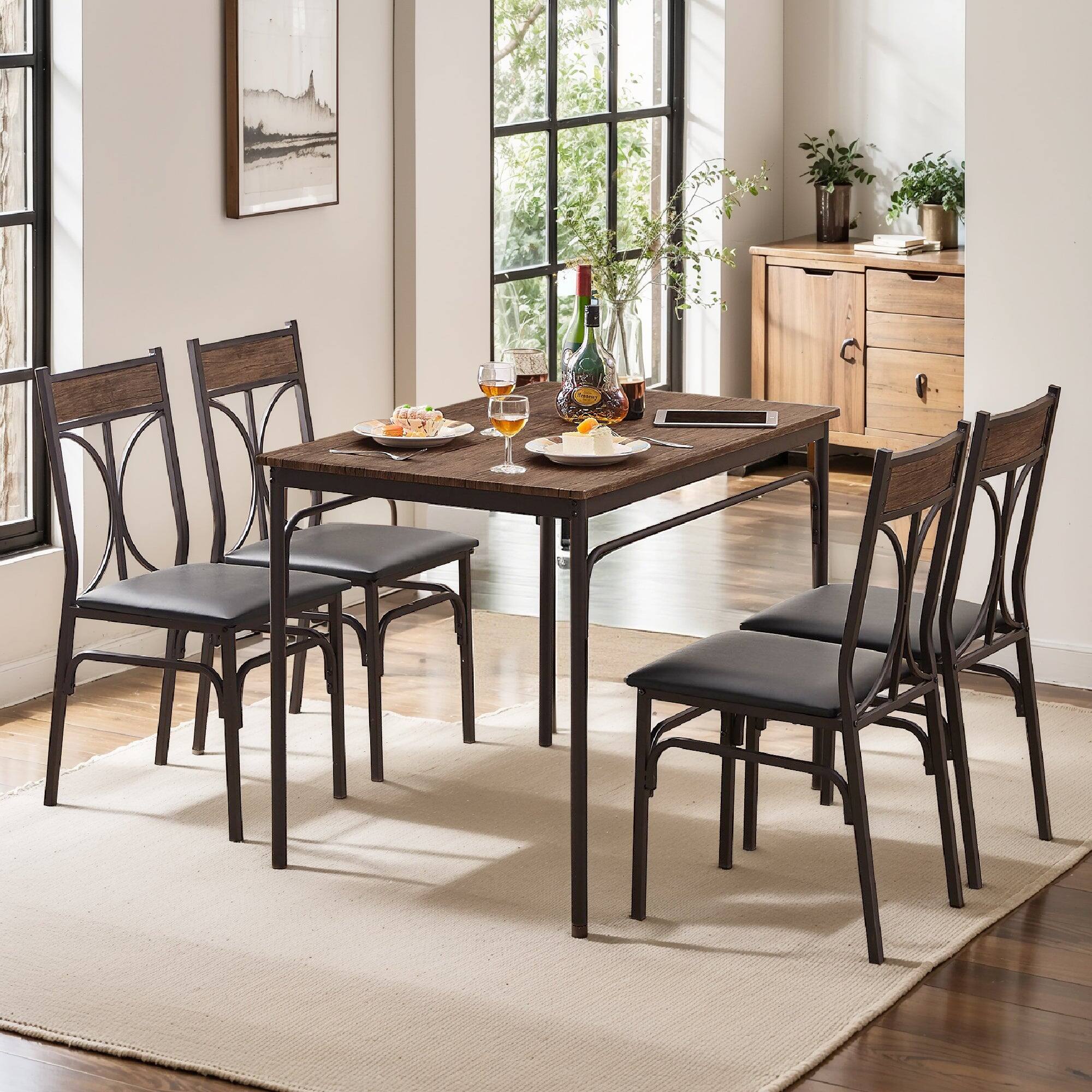 Alt View 2. Vecelo - 5-Piece Dining Set - Durable Metal & MDF Table with 4 Pu Lether Chairs - Brown.