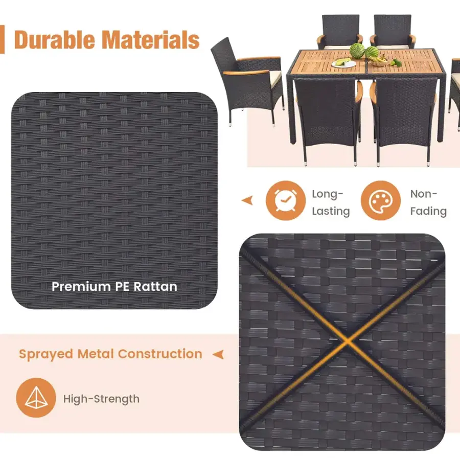 Durable Materials: Long-Lasting, Non-Fading, Premium PE Rattan, Sprayed Metal Construction, High-Strength.