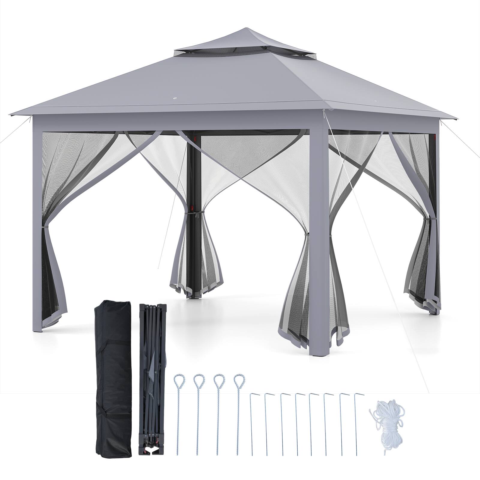 Alt View 7. Gymax - Gymax 11 ft x 11 ft Pop up Gazebo w/Mesh Netting Sidewalls Vented Top Drainage Holes Grey - Grey.