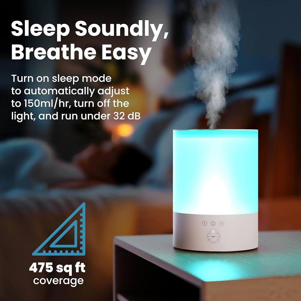 Sleep Soundly, Breathe Easy

Turn on sleep mode to automatically adjust to 150ml/hr, turn off the light, and run under 32 dB

475 sq ft coverage